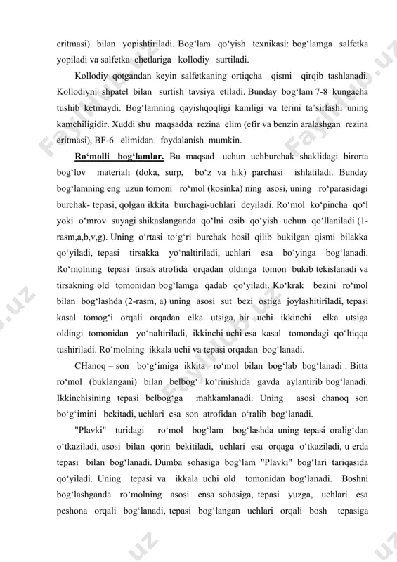 ‘lari tariqasida qo‘yiladi. uning tepasi va ikkala uchi old tomonidan bog‘lanadi. boshni bog‘lashganda ro‘molning asosi ensa sohasiga, tepasi yuzga, uchlari esa peshona orqali bog‘lanadi, tepasi bog‘langan uchlari orqali bosh tepasiga qayriladi va shu joyga to‘g‘rilab qo‘yiladi. elka sohasiga bitta ro‘mol bilan bog‘lam bog‘lash qulay. qo‘l va oyoq panjasini ro‘mol bog‘lam bilan bog‘lashda ro‘molning o‘rtasi panjaning kaft yuzasiga kelib qo‘yilib, tepasi barmoqlar orasiga o‘tkaziladi. kaft utsida aylantiriladi, uchlari aylantirilib to‘piq yuqorisidan bog‘lanadi, tepasi esa bog‘langan uchlariga mahkamlanadi. oyoq panjasi va son sohalariga ro‘mol bog‘lam qo‘yishda datslab u o‘raladi va keyin uning uchlari bog‘lab qo‘yiladi elastik to‘rsimon bog‘lam. ("retelats") fabrikalar 7 raqamda (0 dan-6 gacha) ishlab chiqariladi. u katta yoshdagi bemorlarda tananing turli joyiga qo‘yilgan bog‘lamlar bolalarda juda keng foydalaniladi leykoplastirli bog‘lam. jarohatga qo‘yilgan bog‘lov materiali bir necha yo‘nalishda yopishqoq leykoplatsir bilan bemor terisining tuksiz joylariga yopishtiriladi. leykoplatsirli bog‘lamning kamchiligi shuki, uning ostidagi teri matseratsiyalanadi (shilinadi) va ayniqsa bukkanda keraklicha mahkam ushlab …