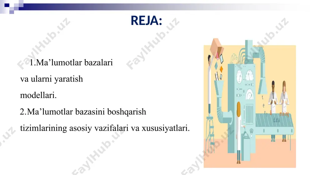 mb modeli relatsion mb modeli ierarxik mb modeli relyatsion ma’lumotlar bazasi yagona nomga ega bo‘lgan jadvallardan tashkil topadi a. tfamiliyasi tug`ilgan yili lavozimi ish staji korxona kodi a. 1axmеdov . a. 2sobirov . a. 3jumanazarov . n sattorov 1954 1949 1968 1956 dirеktor muovin dirеktor o`qituvchi 20 15 10 12 na na ed ft 1 bog‘lanish ma’lumotlar bazasining asosiy jadvallar bilan ishlaymiz va bu qismi hisoblanadi. chunki biz bazada ishlash davomida jadvallarni bir biriga bog‘laymiz. agar noto‘g‘ri bog‘lasak ma’lumotlar bazamiz xunuk va noto‘g‘ri shaklga kelishi mumkin. ma’lumotlar ixchamligi ham aynan shu bazasining bog‘lanishga bog‘liq hisoblanadi. bog‘lanishning 4 ta turi mavjud va bular quyidagi lar hisoblanadi: zamonaviy mbbt quyidagi vazifalarni bajaradi mbbt imkoniyatlari katta hajmdagi ma’lumotlar bilan ishlash qulayligi ma’lumotlarni tezlikda izlash va sortirovka qilish ma’lumotlarning turli ko‘rinishlarda berish ma’lumotlarga o‘zgartirishlar kiritish, yozuvlarni qo‘shish, o‘chirish, ma’lumotlar bazasining tuzilishini o‘zgartirish boshqa mblar bilan ma’lumot almashinish chop qilish turli xil hisobot hujjatlarining tayyor …