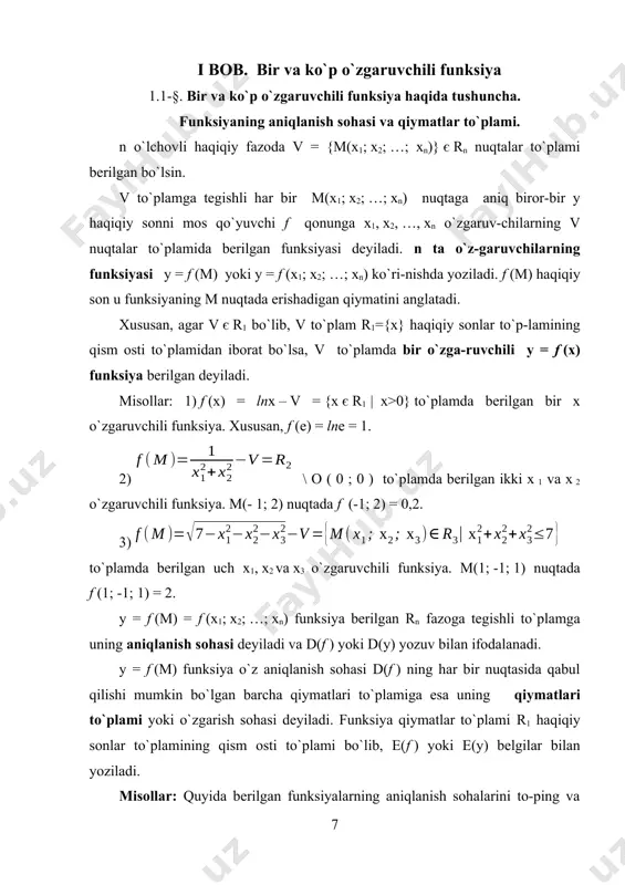 tan simmetrikdir. agar har qanday ± x є v lar uchun f (-x) = -f (x) munosabat o`rinli bo`lsa, y = f (x) v to`plamda toq funksiya deyiladi. toq funksiya gra-figi esa koordinatalar boshiga nisbatan simmetrikdir. masalan, juft natural darajali y = x2n (n є n) funksiya juft funksiyaga misol bo`lsa, toq natural darajali y = x2n–1 (n є n) toq funksiyaga misoldir. y = f (x) funksiya uchun shunday bir musbat t son mavjud bo`lsaki, funksiyaning aniqlanish sohasiga tegishli har qanday x va x + t nuqtalari uchun f (x+t) = f (x) tenglik bajarilsa, y = f (x) funksiya davriy funksiya deyiladi. t soni esa funksiya davri deb yuritiladi. amalda funksiya davrlari ichidan eng kichigi t ni topish masalasi qo`yiladi, qolgan barcha davrlar uning butun karralisidan iborat bo`ladi. masalan, y = 5sin(0,25πx) funksiyaning eng kichik musbat davri . y = f (x) funksiya v r1 to`plamda aniqlangan bo`lib, …