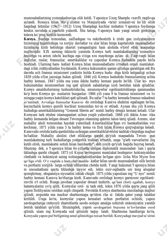 o qila boshladi.hukumat «yon berishga» qaror qildi. nihoyat, 1889- yil 11fevralda prussiya konstitutsiyasi namunasi asosida tuzilgan konstitutsiya yuzaga keldi. mamlakatda ikki palatadan: yuqori (pyerlar) va quyi palata (vakillar)dan iborat parlament tuzildi. parlamentning yuqori palatasi a'zolaridan bir qismi zodagonlardan va imperator tayinlaydigan shaxslardan iborat bo`lsa, bir qismi mulkdorlardan 7 yilga saylanar edi. quyi palata 4 yilga saylangan. yaponiyaning atigi bir foiz aholisi saylov huquqiga ega bo`ldi. konstitutsiya imperatorning mavjud barcha huquqlarini nafaqat saqlab qoldi, balki unga yanada keng huquqlar berdi. masalan, u parlamentni chaqirish, ochish, tarqatib yuborish, qonunllar o`rniga oliy farmonlar chiqarish, qo`shinlarning oliy bosh qo`mondoni bo`lish, urush e'lon qilish, sulh tuzish kabi huquqlarni o`zida saqlab qoldi. konstitutsiyaga ko`ra, vazirlar kengashi faqat imperatorga hisob berardi. imperator xonadoni vakillaridan iborat davlatmandlar pyerlar palatasida asosiy ko`pchilikni tashkil qilardi. parlamentning barcha qarorlari imperator huzuridagi yashirin kengashdan o`tishi zarur edi. saylov huquqi mol-mulk senzi bilan cheklandi. saylov yoshi 25 yosh qilib belgilandi. shunga qaramay, yaponiyadek …