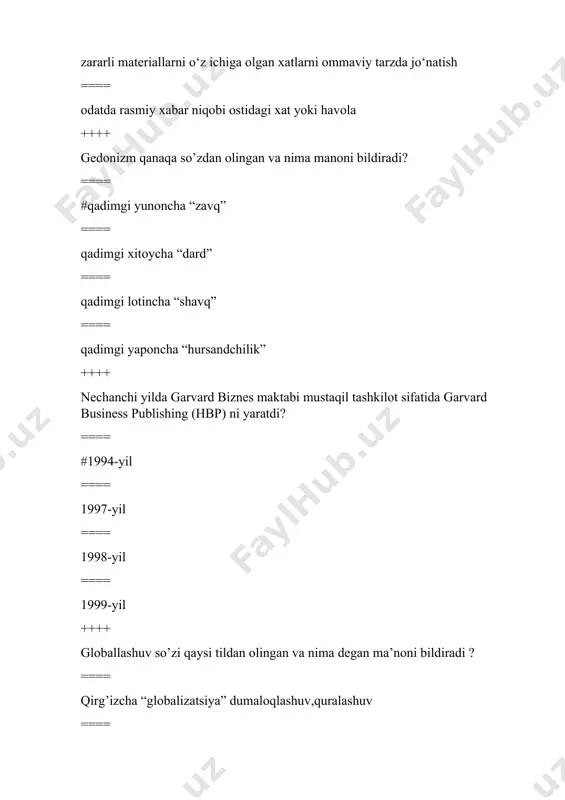 qidiruv tizimlari mavjud ? ==== #yahoo, google, ref.uz ==== word,exzel ==== telegram,instagram ==== office,payme ==== apelsin,facebook ++++ google ma’lumotlarni qidiruv tizimi nechanchi yildan ish faoliyatini boshlagan? ==== #1998-yil sentyabr oyidan ==== 1920-yil sentyabr oyidan ==== 1918-yil sentyabr oyidan ==== 1999-yil sentyabr oyidan ++++ «axborot savodxonligi» tushunchasini birinchi marta kim tomonidan axborot resurslaridan to’g’ri foydalana olgan insonga nisbatan ishlatgan? ==== xix asrning 70-yillarida ==== xxi asrning 70-yillarida ==== #xx asrning 70-yillarida ==== xii asrning 90-yillarida ++++ 2002 yilda ifla bosh konferensiyasi va kengashining 68-sessiyasida axborot savodxonligi bo’limi tashkil etilishi e’lon qilindi, uning asosiy vazifasi etrib nimalar belgilandi ? ==== # turli kutubxonalar va mamlakatlarda rivojlangan axborot savodxonligi standartlarini aniqlash va xalqaro axborot savodxonligini yaratish ==== aloqa kompetensiyasi darajasini oshirishga intilish ==== o’qish va axborotni idrok etish madaniyati ==== o’z faoliyati natijalarini, shu jumladan maqsadli auditoriyaning tayyorgarlik darajasini hisobga olgan holda aniq va aniq taqdim etish qobiliyati ++++ axborot madaniyatini amalga oshirishning …