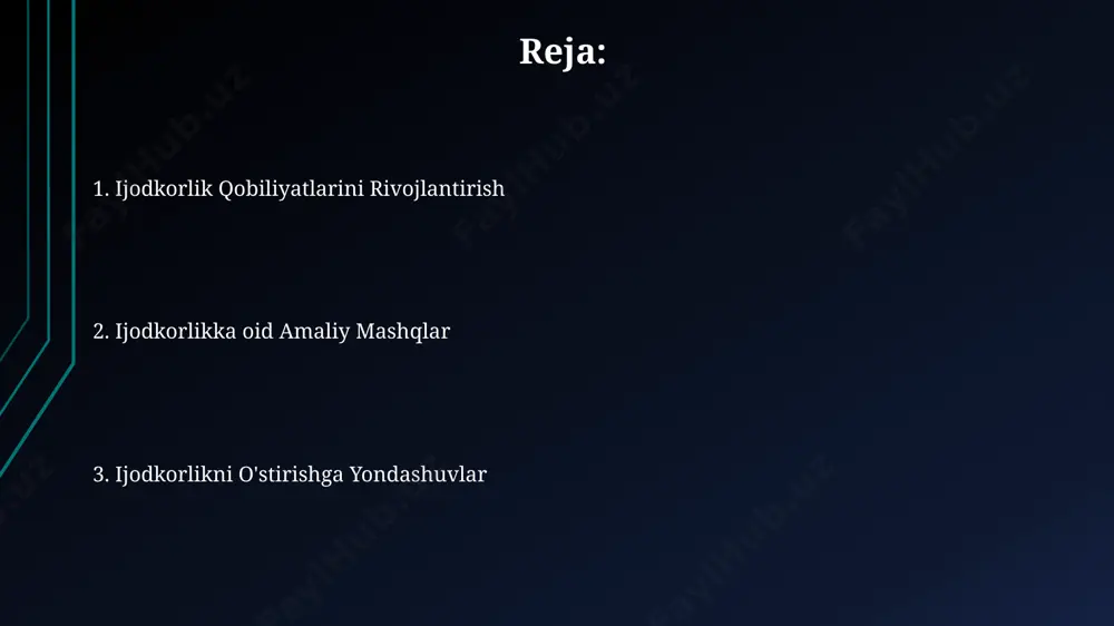 da isbotlangan. muammolarni yechishda ijodiy yondashuv 2023-yilda o'tkazilgan tadqiqotlar shuni ko'rsatdiki, 5 dan ortiq yechim usullarini ko'rib chiqish, masalan, tokio universiteti mutaxassislari tomonidan tasdiqlanganidek, muammoni ijodiy hal qilish ehtimolini 30% ga oshiradi. samarqanddagi tarixiy me'morchilik yodgorliklarini o'rganish natijalari shuni ko'rsatadiki, 15-asr me'morlari muhandislik muammolarini hal qilishda 3 dan ortiq noyob, zamonaviy materiallar va texnologiyalarsiz innovatsion yondashuvlarni qo'llaganlar. muammoni hal qilishda 7 ta bosqichli "scamper" usulini qo'llash, ya'ni almashtirish, birlashtirish, moslashtirish, modifikatsiya qilish, qo'shish, olib tashlash va qayta tartiblash, nyu-yorkdagi dizayn maktablarida muvaffaqiyatli qo'llanilmoqda. ijodkorlikka yordam beruvchi texnikalar ijodkorlikni rivojlantirishda "miya bo'roni" texnikasidan foydalanish, 5-7 kishidan iborat guruhda 30 daqiqa davomida, 100 dan ortiq g'oya yaratishga yordam beradi, bu esa samarqanddagi dizayn maktabi tajribasida isbotlangan. "6-3-5 usuli" 6 kishilik guruhda har bir ishtirokchi 3 ta g'oyani 5 daqiqada yozib chiqishni o'z ichiga oladi, bu esa farg'onadagi ijodiy ustaxonalarda samarali ishlatilgan va 20 dan ortiq innovatsion yechimlarni yaratishga imkon bergan. "scamper" texnikasi …