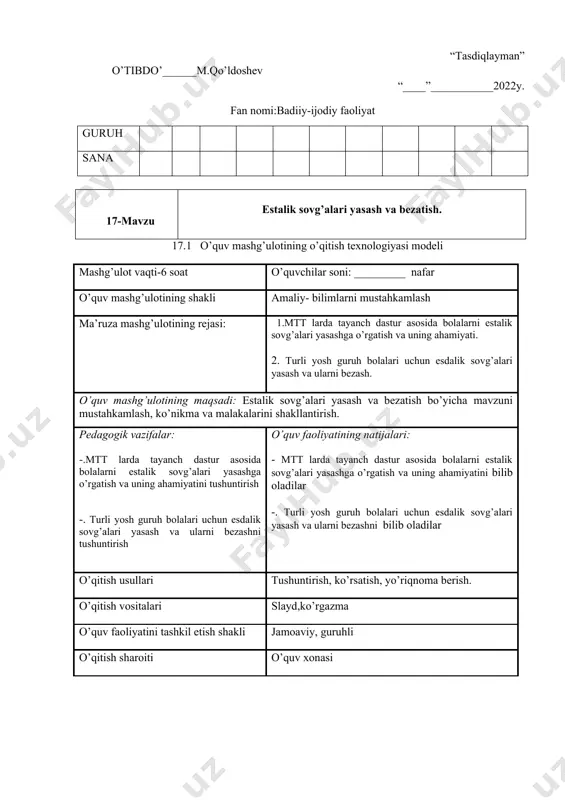 qo'yamiz, ko'zlarini esa plastilindan yasaymiz.ninachining tanasi kashtan m evasidan tayyorlanib, uning orqa tomoniga gugurt cho'p o'rnatib, kichik kashtandan bosh qismni yasaymiz: qo'1-oyoqlarini esa novdadan tayyorlaymiz. manzarali daraxt barglaridan qanotlarini yasab. plastilin bilan yopishtiramiz. mana ninachimiz ham tayyor! qani, eslang-chi, ninachi haqidagi qaysi masalni bilasiz? bolalar javobi rag'batlantirilib, mashg'ulot yakunlanadi. bolalarga chiqindi materiallar (ip, shoyi, mo'yna, polietilen kabilar)dan foydalanib har xil mazmunda applikatsiyalar tuzish taklif etiladi. so'ng ularga matolardan o'yinchoqlar, turli bayram ertaliklari uchun ertak qahramonlarining kiyimlari hamda quvnoq qiziqchilar, petrushkalar kiyimlarini tikish ham o'rgatiladi. bolalarning o'zlari yasagan o'yinchoqlar ijodiy, harakatli o'yinlar jarayonida namoyon bo'ladi. tabiiy materialdan mozaika ishlari. mozaika monumental dekorativ san'at turlaridan biridir. turli davrlarda va turli mamlakatlarda mozaika qo'llaniladigan materiallariga ko'ra ham, naqshi va rasmlariga ko'ra ham o'ziga xos xususiyatlarga ega bo'lgan. o'rta osiyoda madrasalar, machitlar, hukmdorlarning saroylari mozaika bilan bezatilgan. mozaika bilan binolarning tashqi qismlari, interer devorlari va xalq amaliy san'ati asarlari bezatiladi. mozaika ishlarida oyna, sopol …