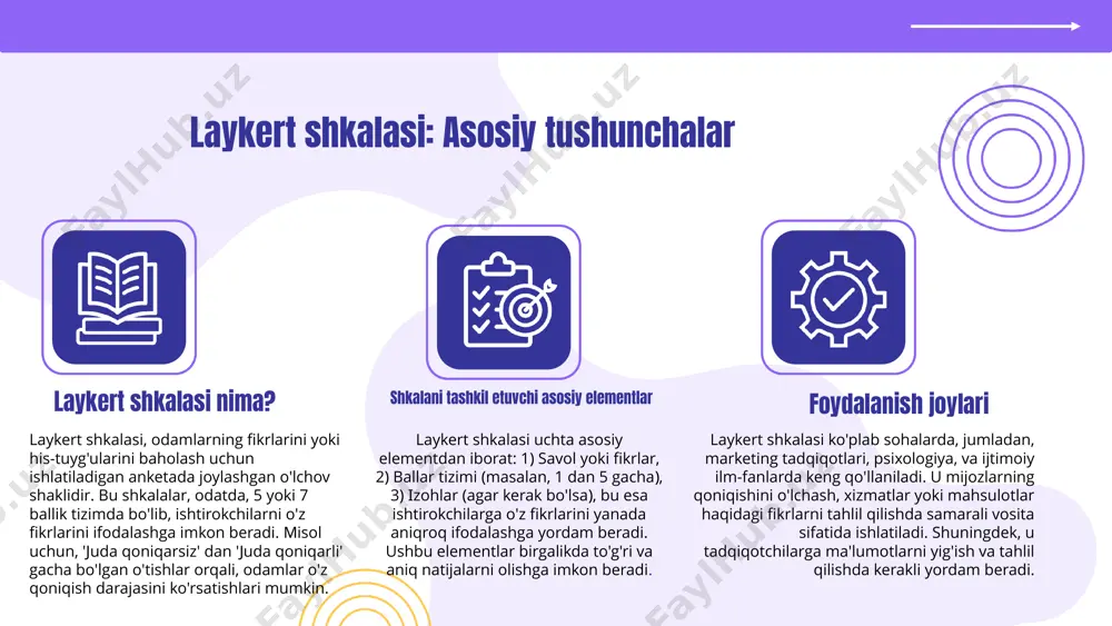 arda qo'llanilishi kutilmoqda. yangi texnologiyalar va analitik vositalar yordamida, shkalani yanada aniqroq o'lchovlar va natijalar olish uchun qo'llash mumkin. laykert shkalasi: tadqiqotlarda qo'llanilishi ta'rif laykert shkalasi - bu respondentlarning fikrlarini o'lchash uchun ishlatiladigan aniq va qulay metoddir. u odatda 5 yoki 7 balli shkalada beriladi, bunda har bir ball ma'lum bir fikrni ifodalaydi. tadqiqotlarda qo'llanilishi laykert shkalasi ijtimoiy tadqiqotlarda, marketing sohasida va psixologik o'rganishlarda keng qo'llaniladi. u respondentlarning fikrlarini, qoniqishini va xulq-atvorini o'lchashda samarali vosita hisoblanadi. misollar masalan, 2020 yilda o'tkazilgan bir tadqiqotda, talabalarning o'qish tajribasi baholandi va laykert shkalasi yordamida qoniqish darajasi o'lchandi. yana bir misol sifatida, 2019 yilda amalga oshirilgan marketing tadqiqotida mijozlarning mahsulotga bo'lgan munosabati baholandi. tadqiqotlarda foydalanish holatlari foydalanish holatlari - so‘rovnomalarda respondentlarning fikrlarini o‘lchash uchun likert shkalasidan foydalanish. - talabalar yutuqlarini baholashda o‘quvchilar fikrlarini o‘rganish. - mijozlar qoniqishini o‘lchashda xizmat ko‘rsatish sifatini baholash. - sog‘liqni saqlash sohasida bemorlarning qoniqish darajasini aniqlash. tahlil likert shkalasi tadqiqotlarda …