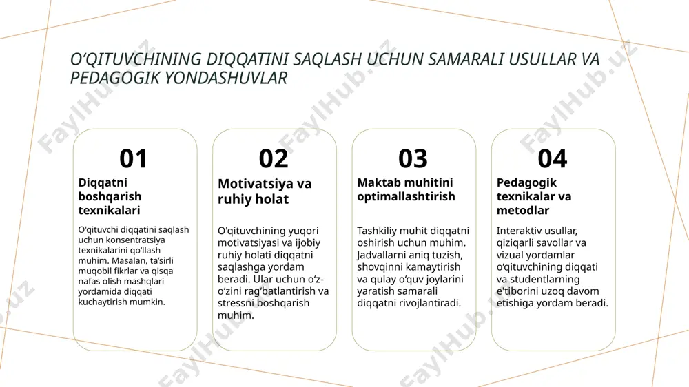 a videolar yordamida tushunchalarni vizual tarzda taqdim etish, o‘quvchilarning diqqatini jalb qilish va tushunishni kuchaytiradi. 03 amaliy mashg‘ulotlar theoretical bilimlarni amaliy vazifalar bilan bog‘lab, o‘quvchilarga diqqatni saqlash va mahoratlarni rivojlantirish imkonini yaratadi. 04 motivatsiya va rag‘batlantirish o‘quvchilarning muvaffaqiyatlarini tan olish va maqsadga erishish uchun rag‘batlantirish usullarini qo‘llash, diqqatni oshirishga turtki bo‘ladi. diqqatni rivojlantirish uchun interaktiv dars metodlari 1 oʻzaro faoliyat interaktiv darslarda o‘quvchilarni muhokama, guruh ishlari va muammolar yechimi orqali faol ishtirok etishga undirish, diqqatni oshiradi va fikrlash qobiliyatini rivojlantiradi. 2 texnologik vositalar ta’limda interaktiv texnologiyalar, masalan, onlayn platformalar, simulyatorlar va interaktiv taqdimotlar yordamida diqqatni ushlab turish va motivatsiyani oshirish mumkin. eʼtibor va motivatsiya o‘rtasidagi bogʻliqlik 1 eʼtibor va motivatsiya oʼrtasidagi bogʻliqlik eʼtibor va motivatsiya bir-biri bilan chambarchas bogʻliq bo‘lib, motivatsiya eʼtiborni kuchaytiradi va ta’lim jarayonida yanada samarali bo‘lishiga yordam beradi. 2 motivatsiya eʼtiborni oshiradi motivatsiya yuqori bo‘lsa, o‘quvchilarning diqqatini saqlash va ularni darsga faol qatnashishga undash osonlashadi, bu esa …