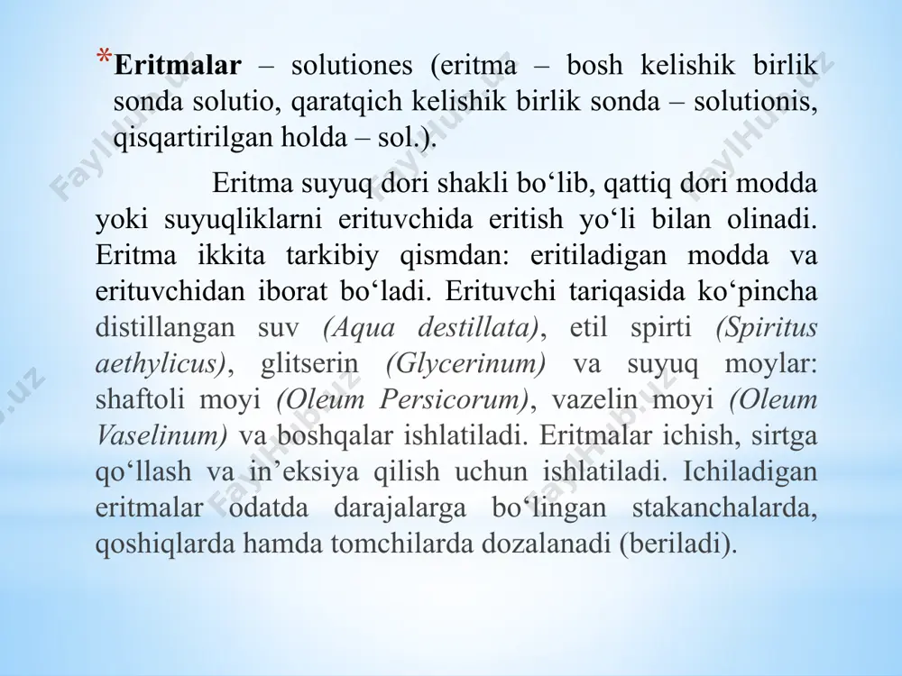 s faza (suyuqlikda mutlaqo erimaydigan qattiq dori moddalarning zarrachalari) dan tashkil topgan dispers tizim hosil qiladi. suspenziyalar kolloid eritmalardan muallaq holatdagi zarrachalarining o‘lchamlari bilan farq qiladi (0,1 mkm dan katta). zarrachalarning o‘lchamiga bog‘liq holda yupqa (0,1-1 mkm) va dag‘al (1 mkm dan katta) suspenziyalar farqlanadi. suspenziyalar ichish va sirtga qo‘llash uchun buyuriladi. steril suspenziyalarni mushak ichiga yuborish mumkin. suspenziyalar retseptda kengaytirilgan va qisqartirilgan shakllarda yoziladi. retseptda suspenziyani chayqatish to‘g‘risida albatta ko‘rsatma berilishi shart! agarda suspenziyalarni tayyorlashda suyuqlik o‘rnida suv ishlatilsa, bunday suspenziyaga retsept faqat foizli shaklda yoziladi. misol. gidrokortizon atsetatning suvdagi 0,5 % li suspenziyasidan 10 ml yozib berilsin. ko‘zga 2 tomchidan kuniga 4 mahal tomizib turish uchun buyurilsin. rp.: suspensionis hydrocortisoni acetatis 0,5 % – 10 ml d.s. ko‘zga 2 tomchidan kuniga 4 mahal tomizilsin. ishlatishdan oldin chayqatilsin! shuningdek ofitsinal suspenziyalar ham bo‘ladi. ular retseptda qisqartirilgan shaklda va konsentratsiyasi ko‘rsatilmagan holda yoziladi. misol. grizeofulvin suspenziyasidan 100 ml retsept yozib …