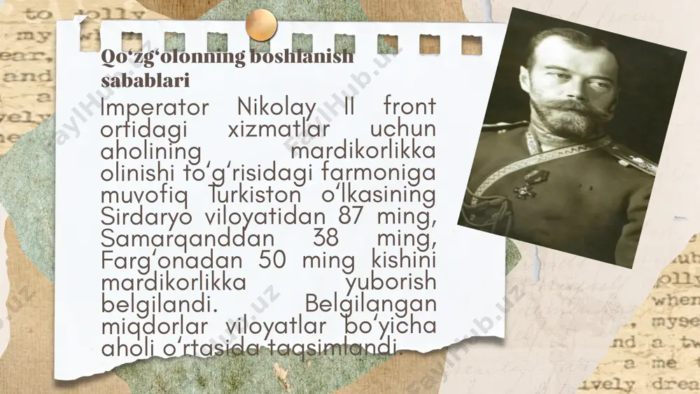 angan uyezdlarida keskin tus oldi. jumladan, 9-iyul kuni andijonda podsho farmoni o‘qib eshittirilgandan so‘ng tayoq, tosh, ketmon va boshqa narsalar bilan qurollangan aholi mardikorlikdan bosh tortib namoyishga chiqishdi. ularga politsiya va harbiy kuchlar qarshi qo‘yildi. qo‘zg‘olonchilarni tarqatish paytida ulardan 3 kishi otib o‘ldirildi, 12 kishi yarador bo‘ldi. qo‘zg‘olonning kuchayib ketganidan xavotirga tushgan viloyat ma’muriyati zudlik bilan ularga qarshi harbiy kuch yubordi. ular qo‘zg‘olonchilardan 63 kishini otib o‘ldirdi va ko‘pchilikni yarador qildi. shahrixonda ham qo‘zg‘olonchilardan 16 ta kishi o‘ldirildi, ko‘pchilik yarador bo‘ldi. 11-iyulda namanganda ko‘tarilgan qo‘zg‘olon ham jiddiy tus oldi. labbaytog‘a dahasida yig‘ilgan 1500 dan ortiq kishilarga qarshi kuchli qurollangan rota tashlandi va qo‘zg‘olonchilar tarqatib yuborildi. mustamlakachi hukumat politsiyasi va harbiy kuchlari bilan qo‘zg‘olonchilar o‘rtasida ayovsiz janglar natijasida qurolsiz namoyishchilardan ko‘pchiligi o‘ldirildi va yarador qilindi. ular orasida ayollar va bolalar ham bo‘lgani mustamlakachilarning beshafqat siyosatini yana bir bor fosh qildi. yodda tuting! podsho farmoniga muvofiq turkiston o‘lkasining sirdaryo viloyatidan 87 ming, …