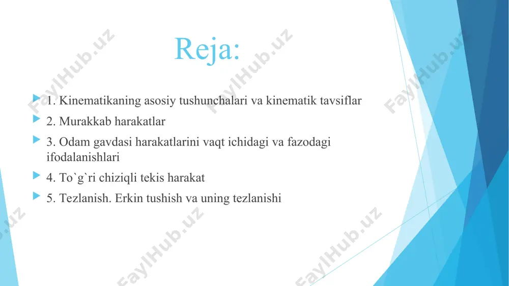 dasini harakat paytidagi har qanday oraliq holati tanlangan masofaviy intervalning joriy koordinatasi bilan tavsiflanadi. gavda harakatlari xarakteri va jadalligi bo‘yicha xilma xil bo‘lishi mumkin. ushbu farqlarni tavsiflash uchun kinematikada bir qator atamalar kiritilgan bo‘lib, ular quyida keltirilgan traetkoriya - gavdaning harakatlanuvchi nuqtasini fazoda bosib o‘tadigan chizig‘i. harakatlarni biomexanik tahlil qilish paytida, odam gavdasining xarakterli nuqtalarini harakat traektoriyalari kotib chiqiladi. qoidaga ko‘ra, bunday nuqtalar — gavda bo‘g‘imlari hisoblanadi. traektoriyaning turiga qarab, harakatlar to‘g‘ri chiziqli va egri chiziqlilarga (to‘g‘ri chiziqdan farq qiladigan har qanday chiziq) ajratiladi. harakatlanish — bu, gavdaning yakuniy va dastlabki holatini vektorli farqi. demak, harakatlanish harakatning yakuniy natijasini tavsiflaydi. yo‘l — bu, gavdani yoki gavda nuqtasini tanlangan vaqt oralig‘ida bosib o‘tgan traektoriyasi bo‘lagining uzunligi. tezlik - bu, bosib o‘tilgan yo‘lni, unga sarflangan vaqtga nisbati. u, gavda holatini fazoda qanchalik tez o‘zgarishini ko‘rsatadi. tezlik - vektor bo`lganligi tufayli, u, gavdani yoki gavda nuqtasini qanday yo‘nalishda harakatlanayotganligini ko‘rsatadi. lahzadagi tezlik—traektoriyani ifodalaydigan …