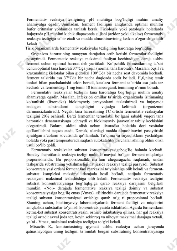 2-fosfoglitseratdan fosfo- yenolpiruvatni hosil bo‘lishi. muhitning ferment faoligiga ta’siri. fermentlar molekulasining sirtida ko‘pgina zaryadlangan guruhlar mavjud. ferment molekulasining umumiу zaryadi manfiy va musbat zaryadlangan guruhlarning nisbati bilan belgilanadi. muhitning o‘zgarishi zaryadning ortishi yoki pasayishiga olib keladi. muhitning ma’lum qiymatida oqsil zarrachasi elektroneytral bo‘lib qoladi, ya’ni manfiy va musbat zaryadlar soni bir xil bo‘lib qoladi va ferment molekulasi zaryadga ega bo‘lmaydi, ya’ni izoelektrik nuqtada bo‘ladi. ko‘pchilik fermentlar yuqori turg‘unlik va faollikka izoelektrik nuqta yoki unga yaqin bo‘lgan sharoitda ega bo‘ladilar. muhitning keskin o‘zgarishi molekula konfonnatsiyasining o‘zgarishiga olib keladi; denaturatsiya va fermentning inaktivatsiyalanishini vujudga keltiradi. fermentativ faollik eng yuqori bo‘lgan nuqta fermentning optimal phi deb ataladi. bunda ham ferment faol markazidagi funksional faol guruhlar maksimal reaksion holatda ham substrat fermentning bu guruhlari bilan bog‘lanishining eng qulay holatida bo‘lishi mumkm. ferment faolligining phga bog‘liqligi qo‘ng‘iroqsimon shaklga ega. hujayra ichida joylashgan fermentlar odatda neytral muhit (ph 7,2), ya’ni tana suyuqliklari ega bo‘lgan ph qiymatiga …