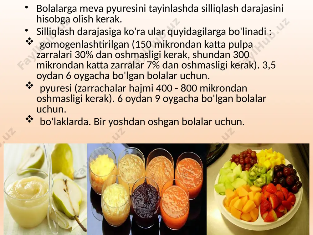 ni quyidagi vitaminlar bilan ta'minlaydi: c, pp, p, e, k va b guruhi. yod, kaliy, temir, mis, sink, kislotalar mavjud: foliy , nikotinik; saxaroza, glyukoza; organik kislotalar: limon, olma; olxo'ri ich qotishi uchun tavsiya etiladi, u oshqozon-ichak trakti faoliyatini normallantiradi. buyrak funktsiyasi va yurak-qon tomir kasalliklari uchun foydalanish yaxshi. 9 oyligida siz ekzotik mevalarni tatib ko'rishingiz mumkin - ananas va kivi, shuningdek rezavorlar (gilos, gilos, malina , smorodina, qulupnay - mavsumga ko'ra). 10 oyligida siz olcha olxo'ri va tarvuzni sinab ko'rishingiz mumkin, ammo ikkinchisiga ehtiyot bo'ling. tarvuzning eng qimmatli komponenti foliy kislotasidir. tarvuz tarkibida magniy, natriy, kaltsiy, b, a, c vitaminlari, saxaroza, fruktoza, likopen va beta-karotin mavjud. vitaminlarni saqlab qolish uchun mevalarni saqlash va pazandalik qayta ishlash mevalarni qo'shimcha ovqat sifatida 4 oylikdan boshlab bolalarga kiritishga ruxsat beriladi. boshlang va asta-sekin 50 g gacha oshiring. mevalarni pazandalik qayta ishlash bolaning yoshiga qarab tanlanadi: 4-7 oy, meva pyuresi shaklida beriladi ; …