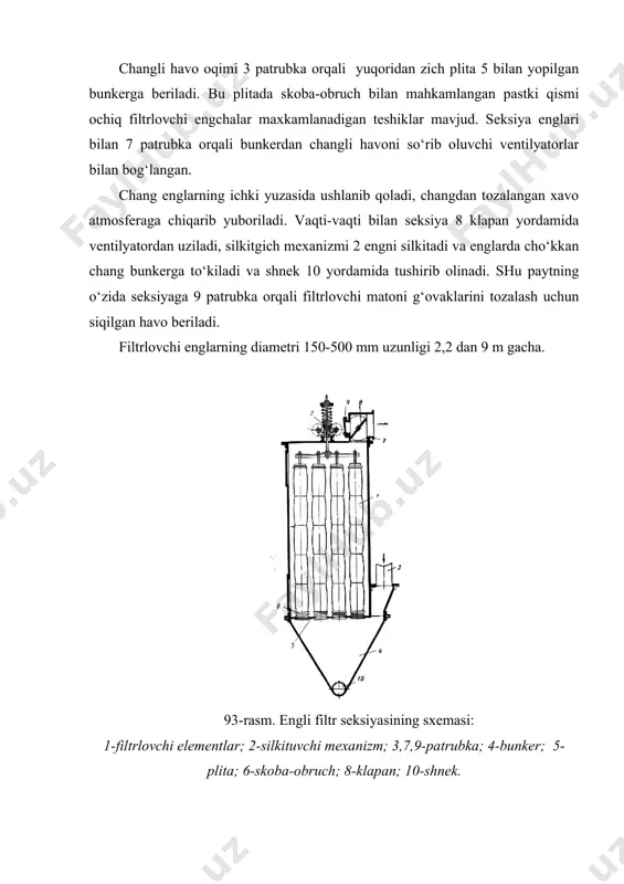 arshi yuqoriga xarakatlanadi. o‘rtadagi uchlikda chang zarrachalari suv bilan ho‘llanadi va suv bilan birgalikda skrubberning piramida qismiga oqib tushadi va undan quvurlar orqali chiqarib olinadi. tozalangan gaz chiqaruv quvurlari orqali atmosferaga chiqarib yuboriladi. skrubberlarda gazning tozalanish darajasi 98 % ga etadi. suvning sarfi skrubberning 1 m2 kesimiga 5 dan 20 m3/soat gacha. gazning xarakatlanish tezligi 1,2 m/sek. 95-rasmda ko‘pikli chang ushlagich tasvirlangan. 95-rasm. ko‘pikli chang ushlagich: 1-apparat korpusi; 2-panjara; 3-bunker; 4-qabul qiluvchi quticha; 5-gazni berish; 6-quyulish qutichasi; 7,8-patrubkalar; 9-ostona; 10-gazlarning chiqishi uchun tuynuk . gorizontal tekislik to‘siq bilan metal korpus ikkita bo‘limga bo‘lingan. yuqori bo‘limga suv shunday beriladiki, teshik to‘siq (panjara) da u 20-50 mm qalinlikda qolsin, qolgan qismi esa tizillab pastga oqib tushsin. changli gaz panjara ostiga beriladi va yuqoriga suv oqimiga qarab xarakatlanadi. panjarada gaz oqimi suv qatlamidan o‘tayotganda 100-200 mm qalinlikda ko‘pik qatlami hosil bo‘ladi va unda chang zarrachalari ushlab qolinadi. tozalangan gaz apparatning yuqorisidagi tuynukdan chiqib …