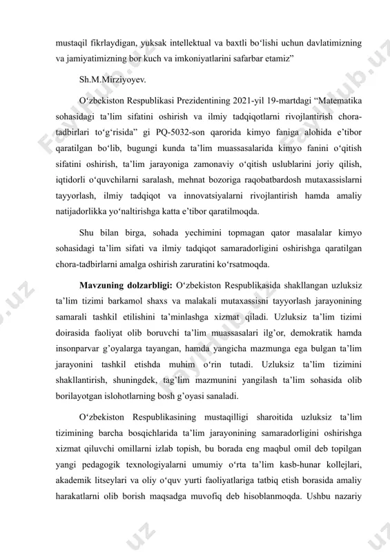 a’minlash masalasining samarali hal etilishiga alohida ahamiyat qaratilishi zarur. bozor iqtisodiyotiga oʻtish sharoitida oʻqituvchilarning mehnat bozoriga moslashuvini ta’minlash alohida ahamiyat kasb etmoqda. shu oʻrinda alohida ta’kidlash joizki, oliy ta’lim muassasalarida boʻlajak mutaxassislarni tayyorlash jarayoni talabalarda zaruriy ishlab chiqarish iqtisodiy mazmunga ega faoliyat, koʻnikma va malakalari sifatini shakllantirishga e’tiborni qaratish talab etiladi. biroq, ta’lim jarayonlarini takomillashtirishga qoʻyilayotgan yangi, yanada yuqoriroq talablar, shuningdek, talabalarning kasbiy koʻnikma va malakalarini, yangi pedagogik texnologiyalarni rivojlantirish bilan yangicha fikrlovchi mutaxassisni shakllantirish imkonini beruvchi sharoitlarning ishlab chiqilmaganligi oʻrtasida ob’ektiv qarama-qarshilik mavjud. har tomonlama barkamol insonni shakllantirish bugungi jamiyatimiz oldida turgan dolzarb masalalardan biri boʻlib qolmoqda. hozirgi maktab oʻrindiqlarida oʻtirgan yosh avlod ertaga bizning qoʻlimizdan ishimizni oladigan, hayotimizni davom ettirib, oʻzidan keyingi avlodga yetkazuvchi vorislarimiz, oʻzbekiston buyuk kelajagining egalaridir! shu sababli prezidentimiz islom karimov butun mamlakatimiz diqqat e’tiborini barkamol avlod tarbiyasiga qaratmoqda. ta’lim – tarbiya jarayoni sifati va samaradorligini oshirish kelgusi taraqqiyotimizning asosi ekanligi ma’lum. bu haqda prezidenttimizning …