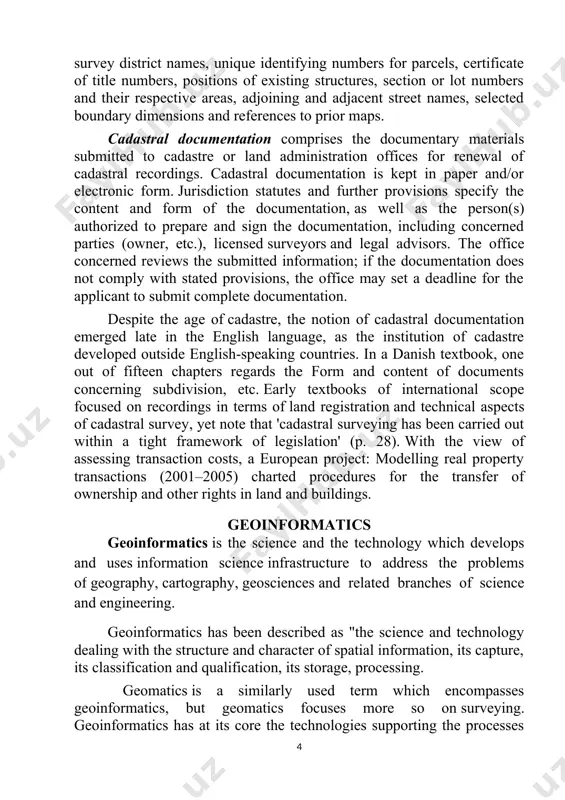 on offices for renewal of cadastral recordings. cadastral documentation is kept in paper and/or electronic form. jurisdiction statutes and further provisions specify the content and form of the documentation, as well as the person(s) authorized to prepare and sign the documentation, including concerned parties (owner, etc.), licensed surveyors and legal advisors. the office concerned reviews the submitted information; if the documentation does not comply with stated provisions, the office may set a deadline for the applicant to submit complete documentation. despite the age of cadastre, the notion of cadastral documentation emerged late in the english language, as the institution of cadastre developed outside english-speaking countries. in a danish textbook, one out of fifteen chapters regards the form and content of documents concerning subdivision, etc. early textbooks of international scope focused on recordings in terms of land registration and technical aspects of cadastral survey, yet note that 'cadastral surveying has been …
