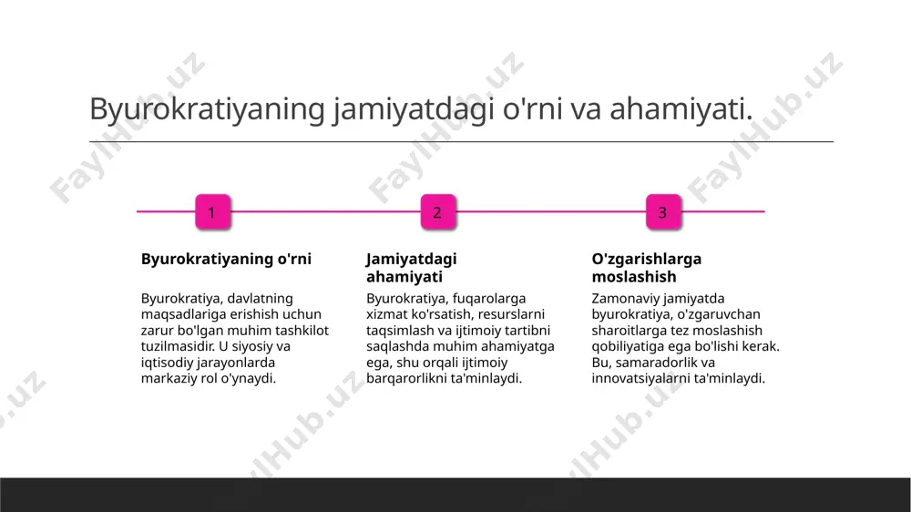 g ijtimoiy tuzilishi va tartibini boshqarish uchun tashkil etilgan muassasalardir. ularning funksiyalari fuqarolar o'rtasida ijtimoiy munosabatlarni tartibga soladi. 2 iqtisodiy byurokratiya iqtisodiy byurokratiya davlatning iqtisodiy faoliyatini boshqarish va nazorat qilish jarayonida muhim rol o'ynaydi. u iqtisodiy resurslarning taqsimoti va boshqaruvini ta'minlaydi. 3 siyosiy byurokratiya siyosiy byurokratiya davlat siyosatini amalga oshirish va boshqarishda muhim ahamiyatga ega. u qonunlar va siyosiy qarorlarni ijro etish uchun zarur tashkilotdir. modernizatsiya jarayonida byurokratiyaning roli va funksiyalari. 1 modernizatsiya va byurokratiya modernizatsiya jarayonida byurokratiya davlat boshqaruvining samaradorligini oshirib, yangi talablar va standartlarga moslashishga yordam beradi. 2 funksiyalar o'zgarishi byurokratiya, modernizatsiya jarayonida, yangi funktsiyalarni qabul qilib, innovatsion yechimlar va xizmatlarni joriy etishga tayyor bo'lishi kerak. 3 jamiyatdagi ta'sir modernizatsiya jarayoni orqali byurokratiya jamiyatga xizmat ko'rsatishda yanada ochiq va samarali bo'lishi, fuqarolar bilan aloqalarni kuchaytirishi zarur. byurokratiya va jamiyat: fuqarolar bilan aloqalar. fuqarolar va byurokratiya fuqarolar bilan aloqalar byurokratiya tizimining muhim jihati bo'lib, davlat xizmatlarini taqdim etishda fuqarolarning …