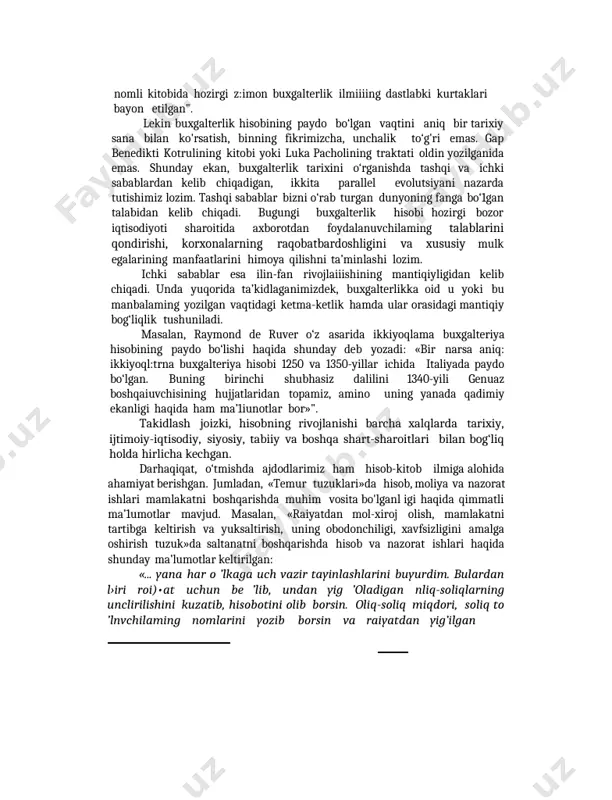 in yozilganida emas. shunday ekan, buxgalterlik tarixini o‘rganishda tashqi va ichki sabablardan kelib chiqadigan, ikkita parallel evolutsiyani nazarda tutishimiz lozim. tashqi sabablar bizni o‘rab turgan dunyoning fanga bo‘1gan talabidan kelib chiqadi. bugungi buxgalterlik hisobi hozirgi bozor iqtisodiyoti sharoitida axborotdan foydalanuvchilaming talablarini qondirishi, korxonalarning raqobatbardoshligini va xususiy mulk egalarining manfaatlarini himoya qilishni ta’minlashi lozim. ichki sabablar esa ilin-fan rivojlaiiishining mantiqiyligidan kelib chiqadi. unda yuqorida ta’kidlaganimizdek, buxgalterlikka oid u yoki bu manbalaming yozilgan vaqtidagi ketma-ketlik hamda ular orasidagi mantiqiy bog‘liqlik tushuniladi. masalan, raymond de ruver o‘z asarida ikkiyoqlama buxgalteriya hisobining paydo bo‘lishi haqida shunday deb yozadi: «bir narsa aniq: ikkiyoql:trna buxgalteriya hisobi 1250 va 1350-yillar ichida italiyada paydo bo‘lgan. buning birinchi shubhasiz dalilini 1340-yili genuaz boshqaiuvchisining hujjatlaridan topamiz, amino uning yanada qadimiy ekanligi haqida ham ma’1iunotlar bor»". takidlash joizki, hisobning rivojlanishi barcha xalqlarda tarixiy, ijtimoiy-iqtisodiy, siyosiy, tabiiy va boshqa shart-sharoitlari bilan bog‘liq holda hirlicha kechgan. darhaqiqat, o‘tmishda ajdodlarimiz ham hisob-kitob ilmiga alohida …