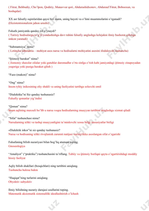 anday rol o’ynaydi? ( tarixiy hodisalarga to’g’ri yondashishga davr ruhini falsafiy anglashga kelejakni ilmiy bashorat qilishga imkon yaratadi) “substantsiya” nima? ( lotincha substantia – mohiyat asos narsa va hodisalarni mohiyatini asosini ifodalovchi tushuncha) “ijtimoiy harakat” nima? ( jismoniy shaxslar oilalar yoki gutuhlar daromadlar o’rta sinfga o’tish kabi jamiyatdagi ijtimoiy zinapoyadan yuqoriga yoki pastga harakat qilish ) “fazo (makon)” nima? “ong” nima? inson ryhiy inikosining oliy shakli va uning faoliyatini tartibga soluvchi omil “dialektika”ni siz qanday tushunasiz? falsafiy qonunlar yig’indisi “qonun” nima? inson aqlining maxsuli bo’lib u narsa voqea hodisalarning muayyan tartibini aniqlashga xizmat qiladi “sifat” tushunchasi nima? narsalarning ichki va tashqi muayyanligini ta’minlovchi xossa belgi xususiyatlar birligi «dialektik inkor”ni siz qanday tushunasiz? narsa va hodisaning ichki rivojlanish zarurati natijasi vorisiylikka asoslangan sifat o’zgarishi falsafaning bilish nazariyasi bilan bog’liq atamani toping. gnoseologiya “amaliyot” (“praktika”) tushunchasini ta’riflang. tabiiy va ijtimoiy borliqni qayta o’zgartirishdagi moddiy hissiy faoliyat aqliy bilish shakllari (bosqichlari) ning tartibini …