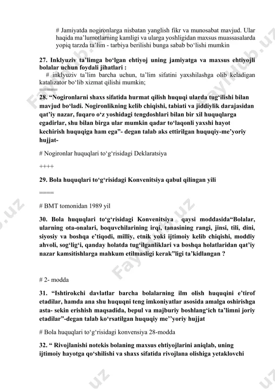 el kunlari dakarda ta’lim to‘g‘risida xalqaro forumning asosiy vazifasini belgilang # 1990 yilda qabul qilingan “ta’lim hamma uchun” xalqaro deklaratsiya (djomten-tailand) qayta tasdiqlanib, ratifikatsiya qilindi. 37. dakar harakat reja dasturiga kirgan barcha davlatlar o‘z zimmasiga olgan vazifalarini belgilang # a va b javoblar ++++ 38. dakar harakat reja dasturiga kirgan barcha davlatlar o‘z zimmasiga olgan vazifalarini belgilang ==== # ta’lim xavfsiz, sifatli, bolaning sog‘lig‘ini himoya qilib, mustahkamlaydigan, hamma uchun birdek, inklyuziv tarzda va barcha zaruriy resurslar bilan ta’minlangan bo‘lishi lozim. 39.“ta’lim tizimi shunday bo‘lishi keraki, nuqsonli bolaning tarbiyalashning vazifasi boladagi nuqsonlarni kompensatsiya qilish va uning xayotga integratsiyasini ta’minlash va buning uchun shunday ta’lim tizimini yaratish kerakki maxsus yordamga muxtoj bola o‘qish jarayonida xar tomonlama rivojlansin” -degan fikrni bildirgan olim # l.s.vigotskiy 40. umumiy va maxsus ta’limni uyhunlashtiradigan ta’lim tizimini tashkil etish,maxsus yordamga muxtoj bolalarni umumta’lim tizimida o‘qitishni e’tirof etgan olim # l.s.vigotskiy 41. inklyuziv ta’limga kiritishning asosiy tamoyillari: # barcha …