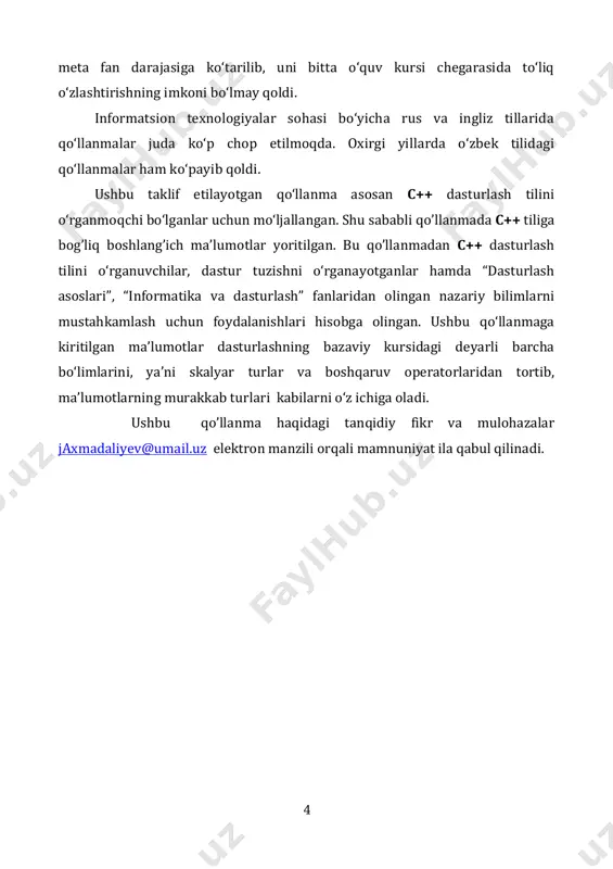 a ingliz tillarida qo‘llanmalar juda ko‘p chop etilmoqda. oxirgi yillarda o‘zbek tilidagi qo‘llanmalar ham ko‘payib qoldi. ushbu taklif etilayotgan qo‘llanma asosan c++ dasturlash tilini o‘rganmoqchi bo‘lganlar uchun mo‘ljallangan. shu sababli qo’llanmada c++ tiliga bog’liq boshlang’ich ma’lumotlar yoritilgan. bu qo’llanmadan c++ dasturlash tilini o‘rganuvchilar, dastur tuzishni o‘rganayotganlar hamda “dasturlash asoslari”, “informatika va dasturlash” fanlaridan olingan nazariy bilimlarni mustahkamlash uchun foydalanishlari hisobga olingan. ushbu qo‘llanmaga kiritilgan ma’lumotlar dasturlashning bazaviy kursidagi deyarli barcha bo‘limlarini, ya’ni skalyar turlar va boshqaruv operatorlaridan tortib, ma’lumotlarning murakkab turlari kabilarni o‘z ichiga oladi. ushbu qo’llanma haqidagi tanqidiy fikr va mulohazalar jaxmadaliyev@umail.uz elektron manzili orqali mamnuniyat ila qabul qilinadi. mailto:jaxmadaliyev@umail.uz 5 i bob. c++ dasturlash tilining boshlang’ich tushunchalari 1.1. c++ dasturlash tilining elementlari hozirgi kunda juda ko‘p algoritmik tillar mavjud. bular ichida java va c++ dasturlash tillari universal tillar hisoblanib, boshqa tillarga qaraganda imkoniyatlari kengroqdir. so‘ngi yillarda java va c++ dasturlash tillari juda takomillashib, tobora ommalashib bormoqda. mazkur tillardagi …