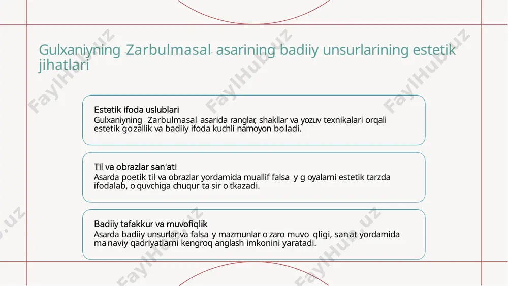 milliy qadriyatlarini yosh avlodga yetkazishda muhim rol o' ynaydi, ular orqali milliy identitet mustahkamlanadi. 2 asarda milliy ramzlar, bayramlar va u -odatlar keng tarqalgan bo‘lib, ular xalqning tarixiy va madaniy merosini saqlash va rivojlantirish uchun muhimdir. 3 gulxaniyning hikoyalari milliy shaxsiyatni shakllantiradi, ularning qahramonlari va voqealari orqali xalqning u - odatlarga bo' lgan hurmati va birligini ifodalaydi. zarbulmasal"dagi madaniy va ma'naviy hikoyalar orqali tarixiy tafakkur 1 gulxaniyning " zarbulmasal" ida madaniy hikoyalar tarixiy voqealar va u -odatlarni aks ettirib, milliy ong va madaniyat shakllanishiga ta' sir qilgan. 2 asarda ta' kidlangan ma' naviy qadriyatlar, masalan, adolat va halollik, tarixiy tafakkur orqali xalqning axloqiy va ma' naviy merosini ifodalaydi. 3 " zarbulmasal" dagi hikoyalar orqali tarixiy voqealar va madaniy o' zgarishlar yozilgan, ular xalqning o' tmishi bilan bugungi kunni bog' laydi va o' zaro ta' sirini ko' rsatadi. asarda ifodalangan diniy va falsa y elementlarning o'zaro bog'liqligi gulkhaniyning " zarbulmasal" asarida …