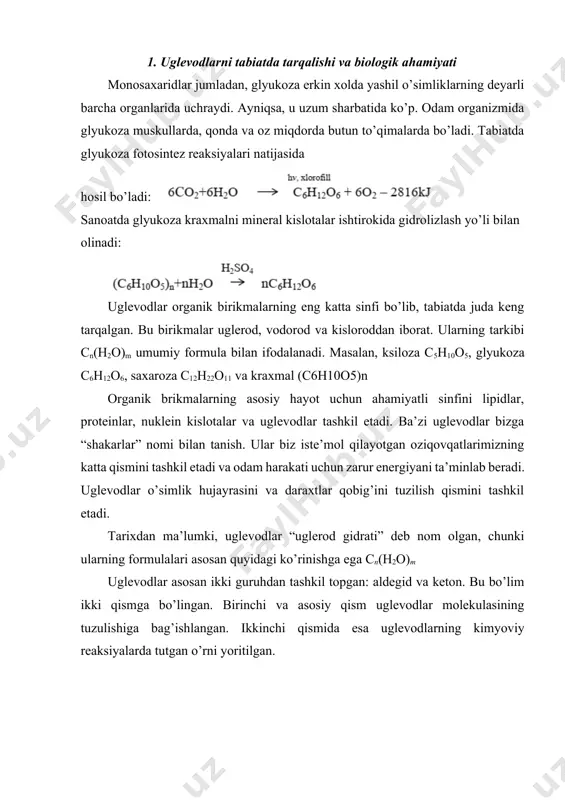 tashkil etadi. monosaxarid uglevodlarning bir ko’rinishi. glukoza (c6h12o6) monosaxaridga yaqqol misol bo’la oladi. disaxarid gidroliz natijasida ikkita bir hil yoki har hil monosaxaridga ajraladi. saxaroza gidrolizlanganda bitta molekula glukoza va fruktoza hosil qiladigan disaxarid. oligosaxaridlar gidrolizlanganda 3-10 tagacha monosaxarid qoldiqlari hosil bo’ladi. selluloza bu to’liq gidrolizlanganda mingdan ortiq glukoza qoldiqlarini hosil qiluvchi polisaxarid. hozirda 200 dan ortiq monosaxarid bizga ma’lum va ular tarkibidagi uglerod soniga qarab guruhlanadi. monosaxarid molekulasida aldegid guruhi bo’lsa aldozalar, keton guruhi bo’lsa ketozalar deb nomlanadi. aldoza va ketozalar zanjirdagi ugelerod atomlari soniga qarab guruhlanadi. uglevodlar gidroliz qilinganda, gidrolizga uchramasligiga qarab va gidrolizga uchrab kichik molekulalarga bo’linishiga qarab ikki guruhga bo’linadi: oddiy uglevodlar yoki monosaxaridlar (monozlar). bular o’z navbatida shakarsimon kichik molekulali polisaxaridlar (oligosaxaridlar)ga va shakarga o’xshamagan yuqori molekulali polisaxaridlarga bo’linadi. glitserin aldegidini uglevodlarning sodda korinishi deb hisoblash mimkin. aldotrioza o’z ichiga bir asimmetrik markazdan tashkil topgan va ikkita fazoviy isomer ko’rinishda bo’ladi: l va d optik …