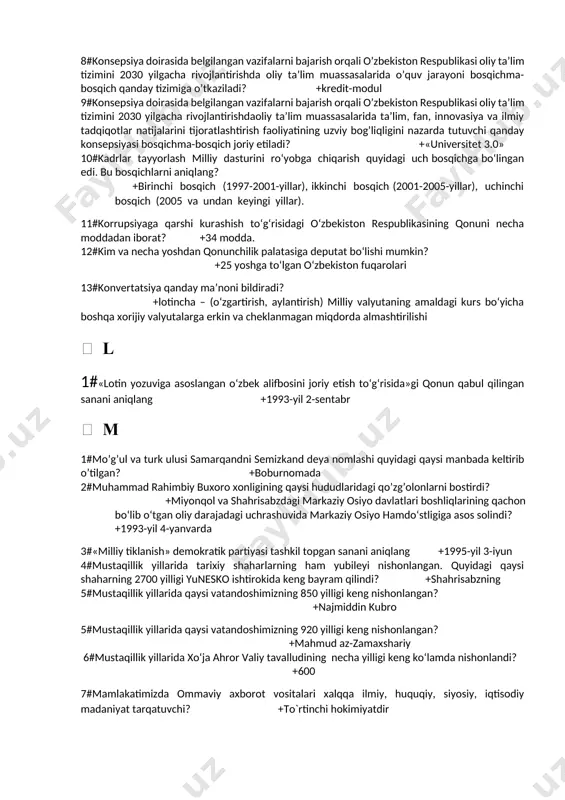 ida” asari nechanchi yillar voqealarini o‘z ichiga qamrab oladi? +1989-1992 yy. 8#istiqlol sharofati bilan muqaddas qur’oni karimni o‘zbek tiliga izohli tarjima qilgan olimni aniqlang +alouddin mansur 9#islom olami zabardast allomalaridan hisoblangan qaysi vatandoshimizning 675 yilligi 1993-yil keng nishonlangan? +bahouddin naqshbandiy  j 1#jayxun, sayxun, oqxun kabi nomlar, atamalar qadim diyorimiz hududida vujudga kelgan qaysi davlat tarixi bilan bog‘liqdir? +eftaliylar 2#janubiy koreya bilan hamkorlikda o’zbekistonda avtomobil ishlab chiqaruvchi qo’shma korxona barpo etishga qachon kelishib olindi? +1992 yil avgustda 3#jonbosqal’a, ko‘zaliqir, tuproqqal’a kabi arxeologik yodgorliklar o'zbekiston respublikasining qaysi viloyati hududlarida joylashgan +xorazm 4#jamiyatda demokratik huquqiy davlat barpo etishning asosiy garovi nima hisoblanadi? +siyosiy partiyalarning erkin faoliyat ko‘rsatishi  k 1#konstitusiyaviy komissiya o’zbekiston respublikasining konstitusiyasini ishlab chiqish ustida necha yil ish olib borgan? +2,5 yil 2#ko‘pgina mutaxassislarning fikriga ko‘ra, o‘zbekistonning zamonaviy tarixi qachondan boshlanadi? +1989 yildan 3#“kadrlar tayyorlash milliy dasturi” uch bosqichdagi islohotlar asosida amalga oshirilmoqda. shundan birinchi bosqichi qaysi yillarni o’z ichiga …