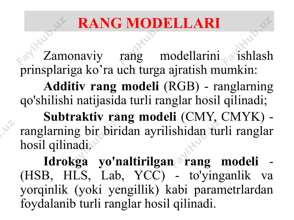 lagan formatda diskka yozish mumkin. rgb ranglar majmuasidagi ayrim ranglar tabiatda uchramaydi. rgb rang moduli additiv bo‘lib, har qanday rang uch asosiy (qizil, yashil va ko‘k) ranglarning turli miqdorlari birikmasidan hosil qilinadi. rgb rang modeli rgb rang modeli rgb rang modeli rgb rang modeli rgb rang modelining afzalliklari 1. rasmni qayta ishlash dasturlari rgb rang maydonini yaxshi qo'llab-quvvatlaydi. ko’pchilik rasm formatlari rgb rang tizimidan foydalanadi. 2. rgb bilan ishlashda grafik rassomlar katta foyda ko'rishadi. ba'zi grafik rassomlar konvertatsiya qilishdan oldin ranglarini o'zgartirish ishlarini rgb rejimida bajarishni ma'qul ko'rishadi, chunki u yorqin ranglarni taqdim etadi, bu vizual rassomlarga aniq tuzatishlar kiritishga yordam beradi. 3. agar rasm elektron shaklda saqlansa, u holda rgb rang modelida yaxshiroq saqlanadi. 4. bosib chiqarish uchun uni cmyk modeliga aylantirish mumkin. rgb rang modelining kamchiliklari 1. rgb - bu qurilmaga bog'liq rang modeli. bu shuni anglatadiki, ma'lum bir rgb tripleti, masalan (245, 129, 100), bir qurilmadan boshqasiga …