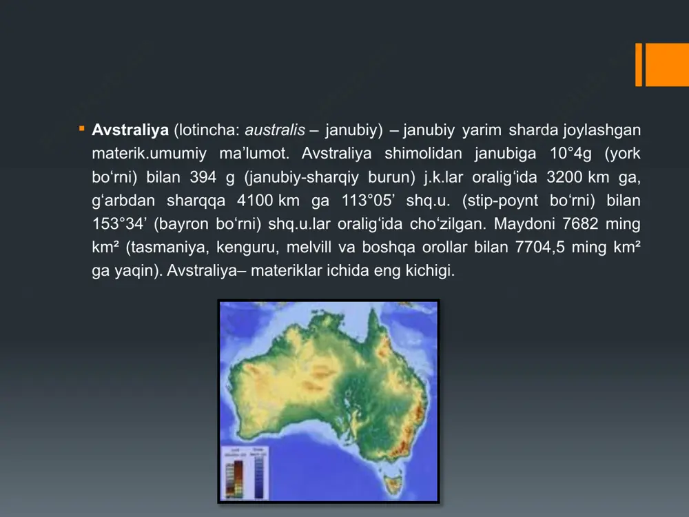 ushko togʻi (2230 m) janubidagi avstraliya alp togʻlaridavstraliya avstraliyaning hozirgi relefi asosan kembriygacha boʻlgan davrda vujudga kelgan va keskin tektonik oʻzgarishlarga uchramagan, yer yuzasi uzoq davrlar ichida yemirilib, natijada qoldiq togʻlar bilan birga keng tekisliklar vujudga kelgan. katta suvayirgʻich tizma yemirilgan paleozoy burmali togʻlari oʻrnida vujudga kelgan. nallarbor tekisligida, moviy togʻlarda, barkli va aterton platolarida karst relef shakllari uchraydi.geologik tuzilishi va foydali qazilmalari. avstraliyaning aksari qismi avstraliya platformasi oblastida joylashgan, sharqiy qismi esa sharqiy avstraliya burmali geosinklinal mintaqasiga kiradi. kembriydan avval vujudga kelgan platformaning materik zaminidagi kristall hamda metamorfik jinslari gʻarbiy plato, tasman yeri, gʻarbiy avstraliya qalqoni va boshqa joylarda yer yuzasiga chiqib qolgan; sharqda (markaziy pasttekislikning gʻarbida) esa quruqlik va koʻl yotqiziqlari ostida koʻmilib ketgan, shuningdek sharqiy avstraliya platformasida ham uchraydi. yuqori paleozoyda va mezozoyning birinchi yarmida avstraliya platformasi qadimgi gondvana materigi bilan tutash boʻlgan. uchlamchi davr oxiri va toʻrtlamchi davrda roʻy bergan tektonik harakatlar avstraliyani yangi gvineya o., …