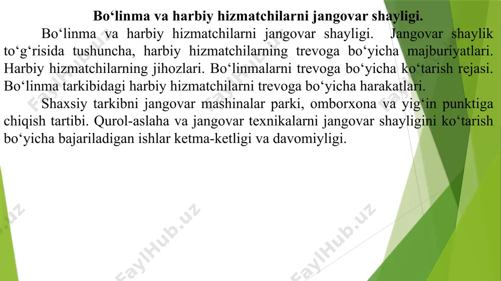 ikariladi; - qism shaxsiy tarkibining tashkiliy yadrolari chakiriladi; - safarbarlik resurslari aniklanadi (shaxsiy tarkib va jangovar texnika); - jangovar moddiy zaxirasi jangovar texnika va transport vositalariga ortiladi; - tezkor gurux shaxar tashkarisidagi zaxira boshkaruv punktlarga yuboriladi; - shaxsiy buyumlar, bino va kazarma fondi topshirishga tayyorlanadi; - kkp va kuzatuv postlari o‘rnatiladi. g) "to‘liq" jangovar tayyorgarlik bosqichida avvalgi bosklchlardaga chora tadbirlardan tashkari kuyidagilar bajariladi: - rayonga chiqish yo‘nalishlari tartibga solinadi; - rayonni qo‘riqlash kuchaytiriladi; - zaxiradagi shaxsiy tarkibni va attni kabul qilish amalga oshiriladi; - att va shaxsiy tarkibning yashirinish joylari takomillashtiriladi; - rayonni muxandislik jixozlash ishlari bajariladi; - att bo‘linmalar bo‘yicha taksimlanadi; - etishmaydigan moddiy boyliklar, o‘k-dori, jangovar texnika to‘ldiriladi; - ko‘shni qism va bo‘linmalar bilan o‘zaro aloqa va hamkorlik tashkil etiladi. bo’linma komandiri va xizmat boshliqlarining jangovar shaylik hujjatlarini ishlab chiqish. harbiy xizmatchilarning jihozlari. bo’linmalarni trevoga bo’yicha ko’rsatish rejasi. bo’linmalarni trevoga bo’yicha ko’tarish rejasi. bo’linma tarkibidagi harbiy hizmatchilarni trevoga …