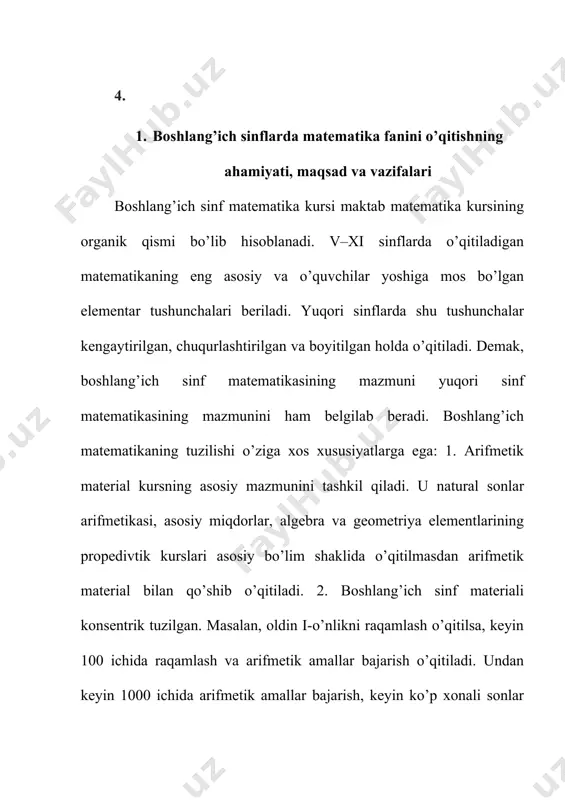 bilan komponentlari orasidagi bog’lanishlarni bilganlik asosida bajariladi. o’zgaruvchi bilan amaliy tekshirish o’quvchilarning funksional tasavvurlarini egallashlariga imkon beradi. geometrik material bolalarning eng sodda geometrik figuralar bilan tanishtirish, ularning fazoviy tasavvurlarini rivojlantirish, shuningdek, arifmetik qonuniyatlarni, bog’lanishlarni ko’rsatmali maqsadlariga xizmat qiladi. (masalan, to’g’ri to’rtburchakning teng kvadratlarga bo’lingan ko’rsatmali obrazidan ko’paytirishning o’rin almashtirish xossasini bog’lanishi ochib foydalaniladi...). 1-sinfdan boshlab to’g’ri va egri chiziqlar, kesmalar, ko’pburchaklar va ularning elementlari, to’g’ri burchak va hokozo kiritilgan. o’quvchilar geometrik figuralarni tasavvur qila olishni, ularni nomlari, katakli qog’ozga sodda yasashlarni o’rganib olishlari kerak. bundan tashqari, ular kesma va siniq chiziq uzunligini, ko’pburchak perimetrini, to’g’ri to’rtburchak, kvadrat va umuman har qanday figuraning yuzini (paletka yordamida) topish malakasini egallab olishlari kerak. o’qitish metodi tushunchasi. boshlang’ich sinflarda matematika o’qitishning maqsadlari quyidagilar: umumta’lim maqsadi, tarbiyaviy maqsadi, amaliy maqsadi. bu maqsadlar bir-biri bilan uzviy bog’liq bo’lib, bir-birini to’ldiradi. 1. ta’lim maqsadi o’qituvchidan quyidagilarni talab qiladi. a) o’quvchilarga matematik bilimlar tizimidan, bilim, malaka ko’nikma berish; …