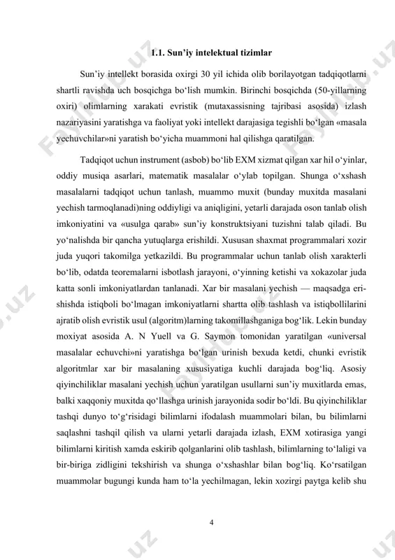 ashtirilgan xarakatlarning kutilayotgan natijalarini nazorat qiluvchi algoritmlar kiritilishi kerak. demak, intellektual robotlar bilimlar manbaiga ega bo‘lishi shart. bu bilimlar manbaida bilimlar va maxsus blok («reja tuzuvchi») saqlanadi. «reja tuzuvchi» blokning zimmasiga robotning xarakati programmasini tuzish yuklangan. bu xarakat programmasi robot tomonidan qabul qilinadi va robotning sensor (ko‘rish vositasi) sistemasi orqali kuzatiladi. robotning ish jarayonida «yechuvchi blok» bo‘lishi kerak. bu blok robotning xarakati to‘g‘risidagi yechimni qabul qiladi. xar ikkala blok bilimlar manbaida saqlanuvchi bilimlar asosida ishlaydi. bu bosqichda ayrim muammolar aniqlandiki, intellektual robotlar yaratishda ularni xal etish zarur. shunday muammolarga faoliyat ko‘rsatadigan muxit xaqidagi bilimlarni tasavvur etish, ko‘z bilan ko‘rganlarni o‘zlashtirish, o‘zgaruvchan muxitda robotlar xulqi (xo-lati)ning murakkab rejalarini tuzish va robotlar bilan tabiiy tilda muloqotda bo‘lish kiradi. uchinchi bosqichda (70-yillarning oxiridan boshlab) tadqiqotchilarning e’tibori amaliy masalalarni yechish uchun mo‘ljallangan intellektual sistemalarni yaratish muammolariga qaratildi. xar qanday intellektual sistema, uning qayerda qo‘llanishiga bog‘liq bo‘lmagan xolda odam mashina sistemasidir. mashina sifatida exm ishlatiladi. …