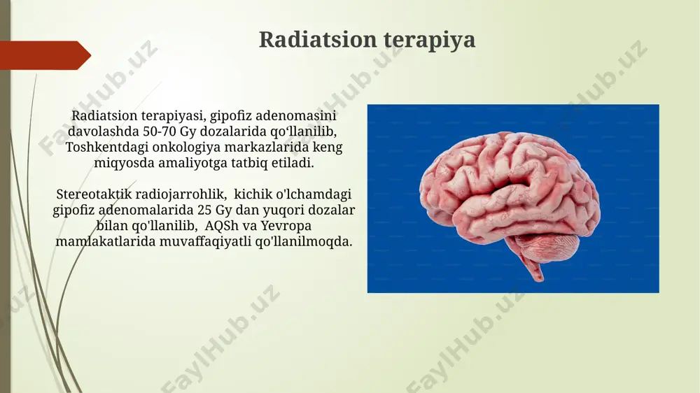 h, ayniqsa yuz va bo'yin sohalarida (oysimon yuz), 30% hollarda esa terining yupqalashuvi va ko'karishlarga moyilligi kuzatiladi. qon bosimining oshishi (gipertenziya) va yuqori qondagi glyukoza miqdori (giperglikemiya) kabi metabolik o'zgarishlar buyrak usti bezining gormonal faolligining ortishi natijasida dunyoning turli mamlakatlarida, jumladan, aqshda ham keng tarqalgan. davolash usullari radiatsion terapiya, ba'zi hollarda, buyrak usti bezining o'smalarini davolashda qo'llaniladi, ammo bu usul kamroq qo'llaniladi va ta'sir samaradorligi taxminan 5 dan 15% gacha bo'lib, bu usulning qo'llanilishi qarshi shahridagi ixtisoslashgan klinikalarda amalga oshiriladi. giperkortizolni davolashning asosiy usullaridan biri bu jarrohlik yo'li bilan buyrak usti bezining o'smasini olib tashlash bo'lib, taxminan 80% hollarda samarali natijalar beradi, ayniqsa, cushing kasalligi kabi holatlarda, masalan, toshkentdagi endokrinologiya markazlarida qo'llaniladi. e'tiboringiz uchun rahmat @taqdimot_robot image1.jpg image2.jpg image3.jpg image4.jpg image5.jpg image6.jpg image7.jpg image8.jpg image9.jpg image10.jpg image11.jpg image12.jpg image13.jpg image14.jpg
