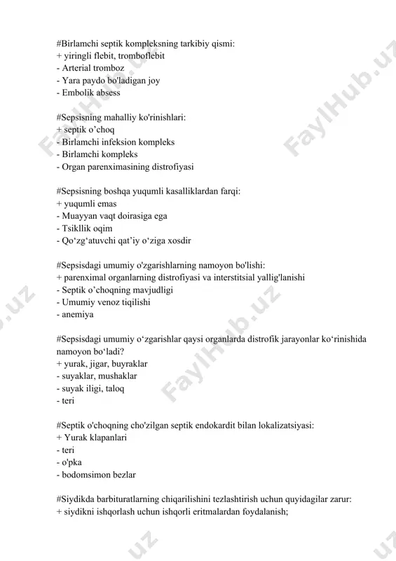 kiradi - nafas olish tizimi orqali + ovqat hazm qilish yo'li orqali - teri orqali - transrektal #kaustik ishqorlar yoki kislotalar bilan zaharlanganda, kasalxonaga yotqizishdan oldingi bosqichda oshqozondan zaharni olib tashlashning eng maqbul usuli hisoblanadi. - qusish vositalarini tayinlash + nazogastral naycha orqali oshqozonni yuvish orqali oshqozon tarkibini aspiratsiya qilish - qustiruvchi vositalarni buyurish, keyin esa oshqozonni yuvish - antidotlarni buyurish #kasalxonagacha detoksikatsiyaning asosiy usuli hisoblanadi - gemodializ - shakllangan diurez + oshqozonni yuvish - gemosorbtsiya #nafas olish organlarining buzilishi qaysi dori vositalaridan zaharlanish natijasida yuzaga kelmaydi - barbiturik kislota + salitsilatlar - organofosfatlar - uglerod oksidi #fob bilan zaharlanishda qo'llaniladigan antidotning dozasi etarli ekanligini ko'rsatadigan belgilar: - teri namligining oshishi - ko'z qorachig'ining torayishi, teri namligining oshishi + quruq teri va shilliq pardalar paydo bo'lishi, bradikardiyaning kamayishi, ko'z qorachig'ining kengayish tendentsiyasi - taxikardiyaning kamayishi, ko'z qorachig'ining siqilishi, quruq terining kamayishi #halqum, qizilo'ngach va oshqozon shilliq qavatining kimyoviy kuyishi tana …