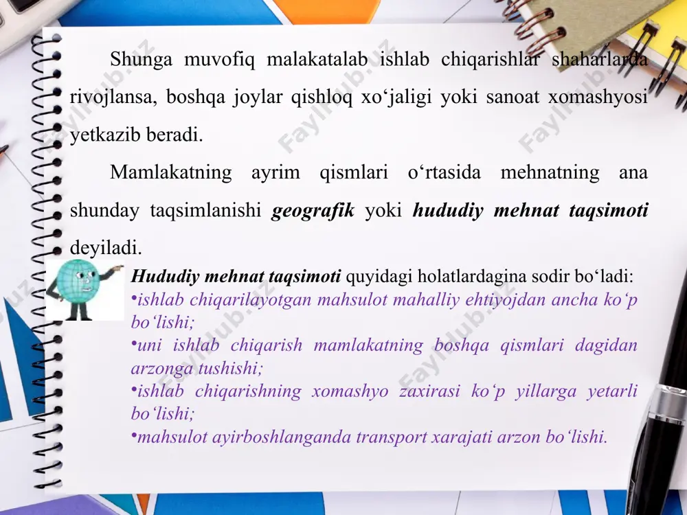 chiqarish sohasidagi barcha tarmoqlarga qarashli har xil korxonalarning bir umumiy hududdagi o‘zaro bog‘langan uyg‘unligidir. bunga o‘zaro bog‘langan korxonalarni yagona transport, energetika va qurilish bazalari bilan uyg‘un (koope rativlash, kom binatlash asosida) joylashtirilish hisobiga, shuningdek, tabiiy boyliklardan va ish kuchlaridan, ikkilamchi xomashyo hamda chiqindilardan oqilona foydalanish hisobiga erishiladi. hichmlar tabiiy boyliklari ko‘p hududlarni tezroq va tejamliroq o‘zlashtirishga imkon beradi. har bir hichm egallagan maydoni va tarmoqlarining tarkibiga ko‘ra boshqasidan farq qiladi. tarmoqlararo majmualar takomillashganlik darajasi bo‘yicha ham bir-biridan farqlanadi. masalan, agrosanoat majmuyi hamma viloyatlarda shakllanib bo‘lgan. rangli metallurgiya majmuyi faqat toshkent viloyatida eng takomiliga yetgan. samarqand va buxoro viloyatlarida esa shakllanishning quyi bosqichida, xorazm viloyati va qoraqalpog‘iston respublikasida deyarli yo‘q. hududiy ishlab chiqarish maj mualarining o‘zaro aloqadorligidan iqtisodiy rayon shakllanadi. iqtisodiy rayon: a) geografik o‘rni o‘ziga xos; b) mamlakat miqyosida ixtisoslashgan; d) majmuali xo‘jalik shakllangan; e) tabiiy boyliklar hamda ishchi kuchi bilan ta’minlanishida boshqa rayonlardan farqlanuvchi hududlardir. iqtisodiyotning yuksalishi bilan tarmoqlararo …