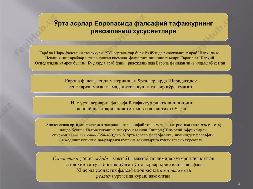 ин (354-430) августин «ҳақиқий фалсафа ва ҳақиқий дин»ни бир деб ҳисоблаган. христианлик асосларини у платон фалсафасидан топишга ҳаракат қилган. унинг фикрича, платон ғоялари – «бу ижодкор ижодга киришиш олдидан юритган мулоҳазалар»дир. худо дунёни йўқликдан яратган. инсон паноҳ топишининг асосий йўли унинг христиан черковига мансублигидир. августин инсон фаолиятининг икки қарама-қарши турини таҳлил қилади: биринчи – «дунёвий шаҳар», яъни «худога нисбатан нафрат даражасига кўтарилган ўз-ўзига бўлган муҳаббатга» асосланган давлатчилик; иккинчи – «ўз-ўзига нисбатан нафрат даражасига кўтарилган худога бўлган муҳаббат»га асосланган «илоҳий шаҳар». асосий асарлари: «илоҳий шаҳар», «инсоний шаҳар», «тавба» августин шахс ва кишилик тарихи динамикаси муаммоларини ечишга ҳаракат қилади. августин шахс эркинлиги муаммосини илгари суради августин инсон субъектив тарзда эркин ҳаракат қилади, лекин унинг барча ҳаракатларини у орқали худо бажаради, деб ҳисоблаган. худонинг борлиғини инсоннинг ўзлигидан, инсон тафаккурининг ўз-ўзи учун ишончлилигидан келтириб чиқариш мумкин. августин шахс учун ўзликнинг ролини кўрсатиб берди. антик файласуфларда «тарихийлик» тушунчаси мавжуд бўлмаган: юнонлар дунёни эстетик жиҳатдан, мукаммал …