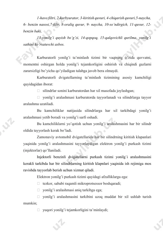 v dvigatellari quyidagi turlarga bo’linadi: ? karburatorli ? injektorli karbyuratorli dvigatellarining ta'minlash tizimini ishlash tamoyili quyidagicha: bеnzin yonilg’i bakidan naycha orqali filtrga o’tib, undan yonilg’i nasosi yordamida bosim ostida naycha yordamida karbyuratorga yuboriladi. havo tashqi muhitdan havo filtri orqali karbyuratorga so’rib olinadi. karbyuratorda to’zitilgan va qisman bug’langan yonilg’i havo bilan qo’shilib, yonuvchi aralashmani hosil qiladi. so’ng yonuvchi aralashma kiritish quvuri orqali silindrlarga so’riladi, ishlatilgan gazlar esa chiqarish quvuri va oraliq quvur orqali so’ndirgichga kirib, undan kеyin tashqi muhitga chiqariladi. bunda yonuvchi aralashma (bеnzin va havo) silindr tashqarisida tayyorlanadi. yonuvchi aralashmani bunday tayyorlash karbyuratsiyalash, uni tayyorlovchi asbob karbyurator dеyiladi. 33-rasm. karbyuratorli dvigatellarning ta’minlash tizimi. ichki yonuv dvigatellarining ishlash prinsiplari o’zg. varoq hujjat№. imzo sana varoq ichki yonuv dvigatellarining ishlash prinsiplari ichki yonuv dvigatellarining ishlashi uchun uni havo va yonilg’idan iborat yonuvchi aralashma bilan ta’minlash kerak bo’ladi. ta’milash tizimining vazifasi dvigatelning sh rejimiga mos ravishda ma’lum tarkibdagi yonuvchi aralashma tayyorlash (benzinli dvigatellarda …