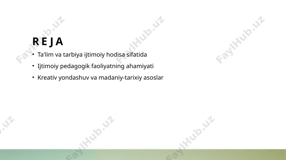 gogik faoliyat orqali, o'quvchilarning ijtimoiy ko'nikmalarini rivojlantirish va ularni ijtimoiy muhitga moslashtirishga yordam beradi. 3 rivojlantiruvchi yondashuv - tarbiyachilar, kreativ va innovatsion metodlarni qo'llab, o'quv jarayonini jonlantirib, o'quvchilarning qiziqishini oshiradi va ularning faol ishtirokini ta'minlaydi. ijtimoiy ta'lim: tarbiya va madaniy qadriyatlar o'rtasidagi bog'lanish. 1 tarbiyaning ahamiyati tarbiya, shaxsning madaniyat va qadriyatlarini shakllantirishda muhim rol o'ynaydi. bu jarayon, jamiyatning qiymatlarini yosh avlodga yetkazish orqali amalga oshiriladi. 2 madaniy qadriyatlar madaniy qadriyatlar, jamiyatning tarixiy va ijtimoiy kontekstiga bog'liq holda tarbiyaga ta'sir qiladi. ular o'z navbatida shaxsning shaxsiyati va qarorlariga ta'sir ko'rsatadi. 3 ijtimoiy ta'lim ijtimoiy ta'lim, tarbiya jarayonida madaniy qadriyatlar va ijtimoiy normalarni birlashtiradi. bu, shaxsning ijtimoiy hayotga muvaffaqiyatli integratsiyasini ta'minlaydi. ta'limning ijtimoiy fenomen sifatida tarixi va rivojlanishi. ta'limning tarixi jamiyatdagi o'rni rivojlanish jarayoni ta'lim, qadimiy davrlardan boshlab, jamiyatning rivojlanishi uchun muhim omil bo'lib kelmoqda. u bilim va ko'nikmalarni avlodlarga o'tkazish jarayonidir. ta'lim jamiyatda ijtimoiy tuzilmani shakllantiradi, madaniy qadriyatlarni tarqatadi va insonlarni …