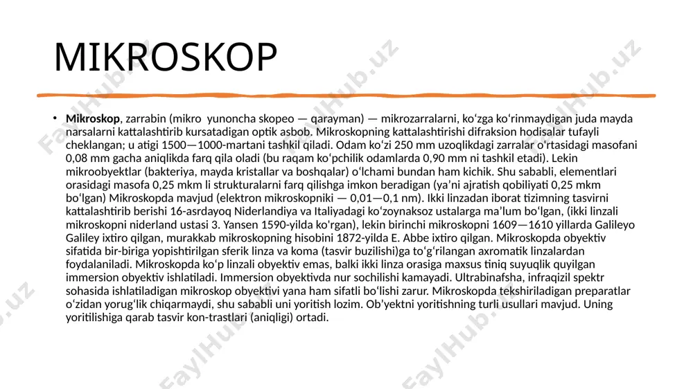 langanligidan iborat, radiatsiya diffraksiyasi bilan bogʻliq. bu optik mikroskopda mumkin boʻlgan chegara edi. yaqin vaqtgacha elementlar orasidagi masofa 0,20 mkm gacha boʻlgan tuzilmalarni farqlash imkonini beruvchi toʻsiqni yengib oʻtish mumkin emas edi. shunga qaramay, 10 nm optik ruxsatga ega boʻlgan nanoskopning optik tizimining ajoyib soʻnggi ishlanmasi optik mikroskopiya — nanoskopiya diapazonini oʻnlab nanometrlarga kengaytiradi, bu esa 0,20 mikron bilan solishtirganda, ajralib turadigan elementlar orasidagi masofani bir necha marta qisqartirdi yaʼni 20 milga. nemis olimlari va mariano bossi 2006-yilda biofizik kimyo instituti nanoskopini ishlab chiqdi, u taxminan 15 nm oʻlchamdagi ob’ektlarni kuzatish imkonini beradi. tomsk davlat politexnika universitetining rossiyalik olimlari nanoskopni klassik konfiguratsiyadagidek mikrolinzalar emas, balki oltin plitalari bilan maxsus difraksion panjaralar yordamida takomillashtirdilar. bunday qurilmadan tasvir olinganda anomal amplituda apodizatsiya effekti, fabri-perot rezonansi va fano rezonansi bir vaqtda ishga tushib ketadi. ular birgalikda anʼanaviy difraksion panjara bilan solishtirganda 0,3 l gacha ruxsatni oshirishga yordam beradi. elektron mikroskop elektron mikroskopiya tasvirni …