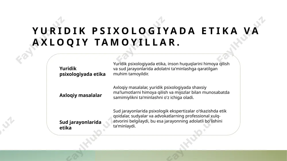 ng motivatsiyalarini aniqlash va jinoyatlarni oldini olishga yordam beradi. bunday tadqiqotlar: - jinoyatni sodir etish sabablari; - jinoyatchilarning psixologik profillari; - sud jarayonlarida psixologik ekspertiza. photo by markus spiske on unsplash o'zbekistonda yuridik psixologiyaning amaliyoti va rivojlanish istiqbollari. 1 o'zbekistonda yuridik psixologiya tarixi o'zbekistonda yuridik psixologiya 1990-yillardan keyin rivojlana boshladi, qonun va psixologiya o'rtasidagi munosabatlar yanada chuqurlashdi. 2 amaliy qo'llanishlar yuridik psixologiya sohasida sud ekspertizasi, jinoyatni oldini olish va reabilitatsiya jarayonlarida psixologik yordam muhim ahamiyatga ega. 3 rivojlanish istiqbollari o'zbekistonda yuridik psixologiyaning rivojlanishi uchun ta'lim dasturlari, xalqaro hamkorlik va innovatsion tadqiqotlar muhim rol o'ynaydi. xulosa 1 yuridik psixologiyaning ahamiyati yuridik psixologiya, huquqiy tizimlar va sud jarayonlarida muhim rol o'ynaydi. u inson psixologiyasini tushunishga yordam beradi va adolatni ta'minlaydi. 2 metodologik yondashuvlar yuridik psixologiyaning metodologik yondashuvlari, nazariyalar va amaliyotlar o'rtasida bog'lanishni ta'minlaydi. bu yondashuvlar huquqiy muammolarni hal etishda samarali hisoblanadi. 3 o'zbekistonda rivojlanish o'zbekistonda yuridik psixologiyaning rivojlanishi, xalqaro tajribalar va lokal …