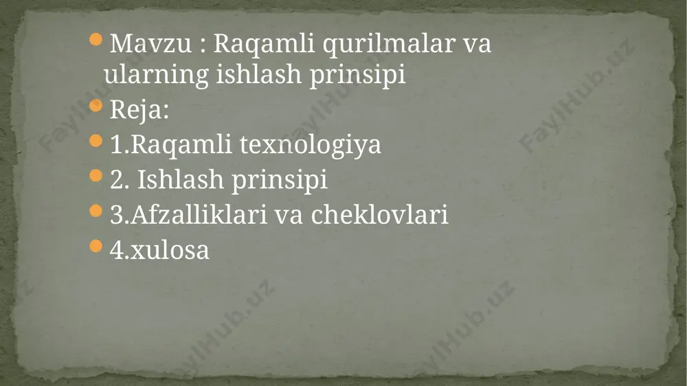 moq interfeysi orqali ma’lumotlarni yuborishi va qabul qilishi mumkin. misollar va ularning ishlash tamoyillari shaxsiy kompyuter: ma'lumotlarni qayta ishlash va dasturlarni ishga tushirish uchun mo'ljallangan. ishlash prinsipi protsessor va operatsion tizimga asoslangan. smartfonlar: ular sensor ekran orqali ma'lumotlarni qabul qiladi va ishlov beradi. protsessor dasturiy ta'minot orqali foydalanuvchi buyruqlarini bajaradi. dasturlanadigan logik kontrollerlar (plc): sanoat avtomatlashtirishda ishlatiladi va mantiqiy dasturlash orqali ishlaydi. tibbiy qurilmalar: ma’lumotlarni to‘plash, qayta ishlash va tahlil qilish orqali diagnostika yoki davolash jarayonlarini amalga oshiradi. afzalliklar va cheklovlar afzalliklar: tezkorlik va aniqlik. ko‘p funksionallik. ma’lumotlarni uzoq muddat saqlash imkoniyati. cheklovlar: elektr energiyasiga bog‘liqlik. narxining yuqoriligi (murakkab texnologiyalar uchun). ba’zan analog signallarni to‘g‘ri qayta ishlashda cheklovlar. xulosa: raqamli texnologiyalar inson hayotini osonlashtirib, ish unumdorligini oshiradi, axborotni samarali boshqarish va xavfsiz uzatish imkonini beradi. ular kundalik hayotda (smartfonlar, internet, sun’iy intellekt), ilm-fan, ta’lim va biznesda keng qo‘llaniladi. shu bilan birga, raqamli texnologiyalarning rivojlanishi axborot xavfsizligi va maxfiylik muammolarini ham …