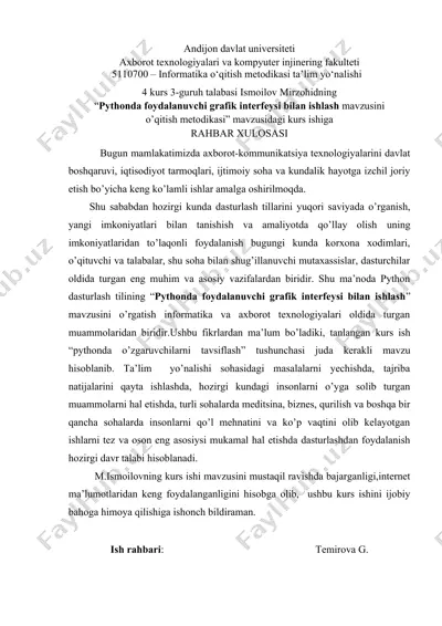 "pythonda foydalanuvchi grafik interfeysi bilan ishlash mavzusini o’qitish metodikasi" — DOC