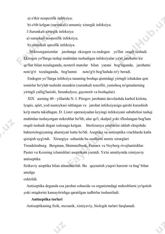 lashdan iborat. bu esa mexanik usullar yordamida amalga oshiriladi: yarani antiseptik eritmalar bilan yuvish, yot jismlarni kesib tashlash, yaralar atrofini tekislash va kerak bo'lganda ularni tikish bilan erishiladi. kimyoviy antiseptika. bu usulda bakteriosid va bakteriostatik xususiyatga ega bo'lgan turli kimyoviy antiseptik moddalarni ishlatish ko'zda tutilgan. antiseptiklar bilan mikroblarni yo'qotish yoki uni jarohatda rivojlanishini to'xtatishdan iborat. asosiy antiseptik vositalarga antiseptik moddalar kirib, ular turli kimyoviy guruhlarga mansubdir. xloramin eritmasi qo'lni tozalashda, yiringli yaralarni davolashda metallmas asboblar, bemorlar uchun ishlatiladigan asboblar va xonani tozalashda qo'llaniladi. kaliy permanganat. suvda yaxshi eruvchi qoramtir kristalldir. pushti rangli eritmalari og'iz bo'shlig'i, qovuq va boshqa organizm chayish uchun ishlatiladi. kuchliroq qoramtir binafsha rangli eritmasi bakteriosid xususiyatga ega bo'lib, to'qimalarni kuydiradi. shuning uchun kuyishda qora qo'tirlarni davolashda, badbo'y hidlarni yo'qotishda, shuningdek chirayotgan, yiringli jarayonlarni yuvishda qo'llaniladi. vodorod peroksid. 3-5%li eritmasi ishlatiladi. rangsiz suyuqlik vodorod peroksid to'qima fermenti katalaza bilan qo'shilib, kislorod ajraladi, bu ko'p miqdorda ko'pik ajralishiga olib …