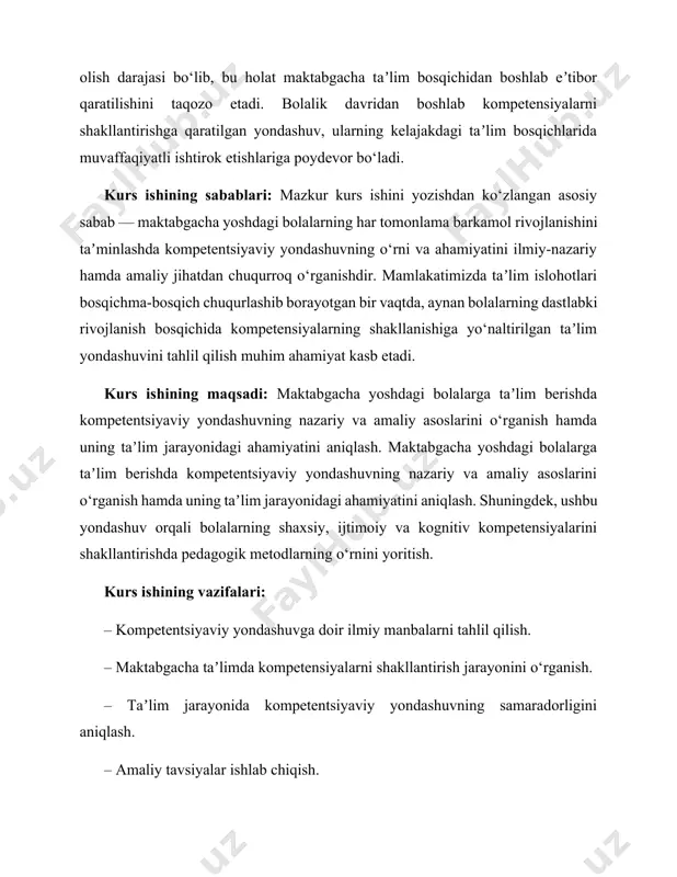 i bolalarga taʼlim berishda kompetentsiyaviy yondashuvning nazariy va amaliy asoslarini o‘rganish hamda uning taʼlim jarayonidagi ahamiyatini aniqlash. maktabgacha yoshdagi bolalarga taʼlim berishda kompetentsiyaviy yondashuvning nazariy va amaliy asoslarini o‘rganish hamda uning taʼlim jarayonidagi ahamiyatini aniqlash. shuningdek, ushbu yondashuv orqali bolalarning shaxsiy, ijtimoiy va kognitiv kompetensiyalarini shakllantirishda pedagogik metodlarning o‘rnini yoritish. kurs ishining vazifalari: – kompetentsiyaviy yondashuvga doir ilmiy manbalarni tahlil qilish. – maktabgacha taʼlimda kompetensiyalarni shakllantirish jarayonini o‘rganish. – taʼlim jarayonida kompetentsiyaviy yondashuvning samaradorligini aniqlash. – amaliy tavsiyalar ishlab chiqish. kurs ishining ob’ekti: maktabgacha yoshdagi bolalar taʼlim jarayoni. kurs ishining tarkibiy tuzilishi: kirish, 3 bob, 6 reja, xulosa va foydalanilgan adabiyotlar roʻyxatidan iborat. i.bob. kompetentsiyaviy yondashuvning nazariy asoslari 1.1. kompetentsiyaviy yondashuv tushunchasi, mazmuni va asosiy tamoyillari. zamonaviy taʼlim tizimi oldida turgan asosiy vazifalardan biri – shaxsni hayotga tayyorlash, unda o‘z bilimi, ko‘nikma va malakalarini amaliy faoliyatda qo‘llay olish qobiliyatini shakllantirishdan iborat. bu esa, o‘z navbatida, kompetentsiyaviy yondashuvni taʼlimda qo‘llash zaruratini …