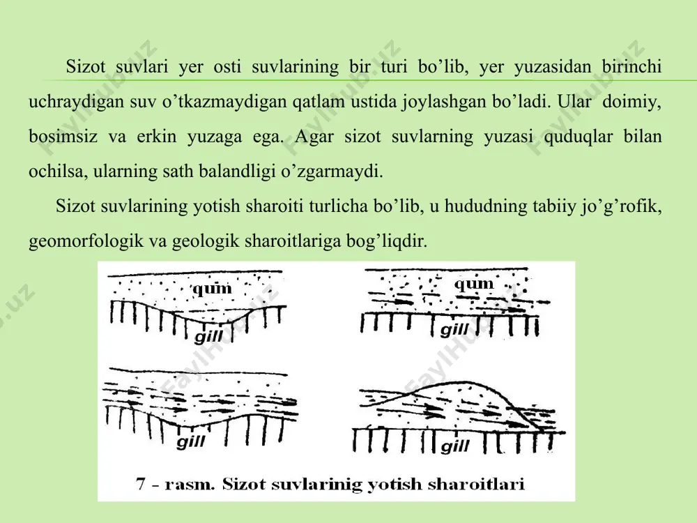 maydonida kavlangan quduqlarda va o’rnatilgan gidropostlarda sath o’lchash ishlari bajariladi. sizot suvlarining sathi o’zgaruvchan bo’lganligi uchun gidroizogips xaritasi sath o’lchangan kun yoki haftaga xos bo’lgan holatni aks etdiradi. shuning uchun xarita ma'lum davrlar uchun bir vaqtda o’lchangan o’lchovlar natijasidan foydalanib tuziladi. bu xaritada bosimsiz sizot suvlari yuzasining tuzilishi gidroizogipslarda, yotish chuqurligi esa izobatlarda tasvirlanadi. gorizantallar yer yuzasining bir xil sath balatliklarini tutashtiruvchi egri chizmaga aytiladi. izobat sizot suvlari bir hil chuqurliklarda yotgan maydonlarning chegarasini belgilaydi. ma’lum bir hududa gidrogeologik qidruv ishlari o’tkazilgan tatqiqot uchun 25 ta quduq qazilgan so’ngra har bir quduqning yer yuzasi mutlaq balandligi nivelir yordamida aniqlangan. xar bir quduqdan sizot suvlarning chuqurligi o’lchangan. berilgan: qidiruv maydonining kattaligi 400x400, m. undan kichik daryo oqib o’tadi. daryoning joylashishini "d" belgisi bo’lgan gidropostlar ko’rsatadi maydonchada sizot suvlarini ochish uchun burg’ilash quduqlari kavlangan. burgilash quduqlari va gidropostlar tarxda kvadrat turining burchagida bir-birlaridan 100 m masofada joylashgan. burg’ilash quduqlari kavlangan erning mutlaq …