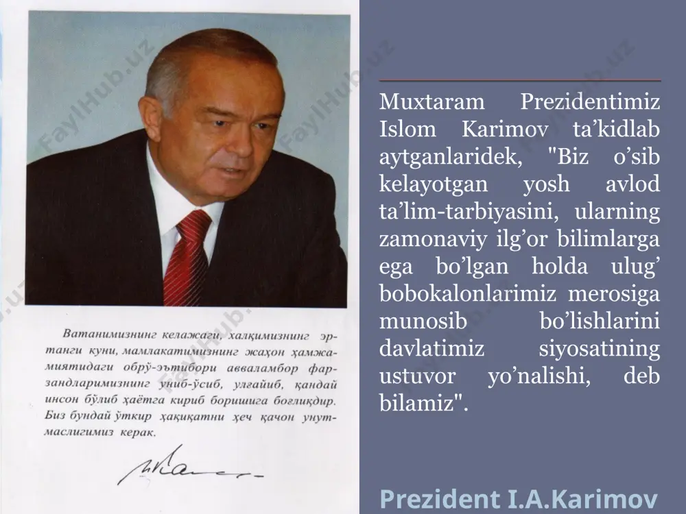 imlarga ega bo’lgan xolda ulug’ bobokalonlarimiz merosiga munosib bo’lishlarini davlatimiz siyosatining ustuvor yo’nalishi, deb bilamiz". aynan shu maskanda o’zaro hurmat, mehr-oqibat, halollik, poklik, mehnatsevarlik, vatanparvarlik, insonparvarlik kabi oliy darajadagi kadriyatlar shakllanadi, avloddan-avlodga etkziladi. shu sifatlar ona suti, oila a’zolari mehri va namunasi bilan bola xulqi, hatti-harakati mazmuniga singib boradi. bolani tarbiyalashda oilaning o’rni oilaviy tartibotning tashqi ko‘rinishi — o‘zboshimchalik bilan ish tutish ham, g‘azab ham, baqiriq-chaqiriq ham, iltijo ham yalinib-yolvorishlar ham emas, balki osoyishtalik, jiddiylik va ishbilarmonlik bilan qilingan farmoyishdan iborat bo‘lmog‘i kerak. bunday farmoyish berish huquqi oila a’zolarining yoshi ulug‘ vakili sifatida ayni sizga berilganligi xususida o‘zingizda va na bolalaringizda hech bir shubha qolmasligi kerak. a. s. makarenko oilangizni saqlang tamom hozircha... image2.jpeg image3.png image4.jpeg image5.jpeg /docprops/thumbnail.jpeg