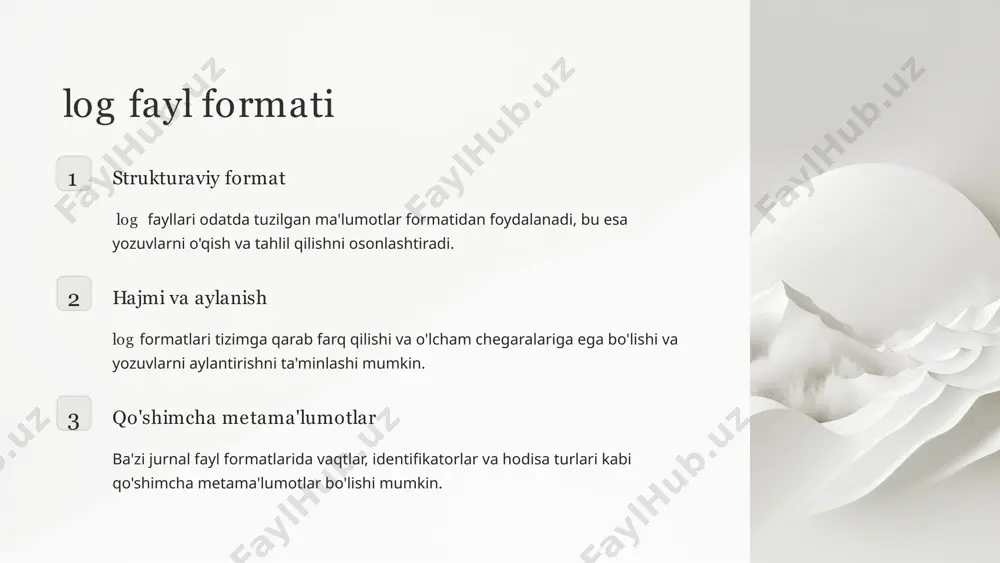 ruh ma'lumotlarini topish uchun filtrlash va qidiruv vositalaridan foydalaning. ma'lumotlarni vizualizatsiya qilish oson tahlil qilish va vizualizatsiya qilish uchun jurnal ma'lumotlarini vizual grafiklar, jadvallar va hisobotlarga aylantiring. taqqoslash va korrelyatsiya chuqurroq tahlil qilishda yordam beradigan munosabatlar va korrelyatsiyalarni aniqlash uchun jurnal ma'lumotlarini boshqa ma'lumot manbalari bilan solishtiring. 5 log fayllardan foydalanishning afzalliklari 1 muammoni kuzatish jurnal fayllari tizimdagi muammolarni tezda aniqlash va kuzatish imkonini beradi, bu esa tezkor javob berish va muammolarni bartaraf etishga yordam beradi. 2 yaxshilangan xavfsizlik jurnal fayllarini tahlil qilish shubhali faoliyatni aniqlashi va hujumlar va xavfsizlik tahdidlaridan samarali himoyani ta'minlashi mumkin. 3 tarixiy hujjatlar jurnal fayllari tizim faoliyatining qimmatli tarixiy hujjatlarini taqdim etadi, bu o'tgan voqealarni tahlil qilish uchun foydali bo'lishi mumkin. 4 ishlashni optimallashtirish jurnal fayllarini kuzatish va tahlil qilish tizim ish faoliyatini optimallashtirishga va uni yaxshilash bo'yicha ongli qarorlar qabul qilishga yordam beradi. 6 log fayllardan foydalanishga misollar tizim xatolarini kuzatish log fayllari tizim …