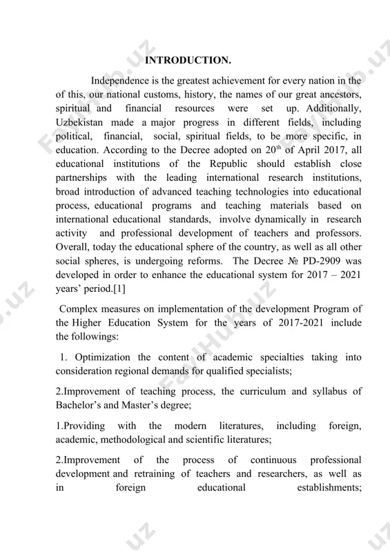 ntent of spiritual enlighte nment and educational issues; 1strengthening the economic and technical resources of higher education institutions; 1.modernization of existing as well as creating modern teaching and scientific laboratories; 2providing the teaching process with modern information and communication technologies.[2] according to the program, during the years of 2017-2021 construction, reconstruction and major repairs of 180 educational and scientific laboratories, sports facilities and units of social engineering infrastructures belonging to 48 higher educational inst itutions will be carried out. at the same time, step-by-step realization of ultra-modern equipment’s of 400 teaching laboratories in 53 educational establishments included to the plan, and scientific laboratories intended in the cooperation with other higher educational establishments in the field of scientific research are going to be established. until 2021, it is planned step-by-step increase the number of student enrollment for 18 percent on bachelor’s degree and master’s specialty taking into consideration, the current and …