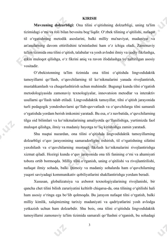 asoslash, o‘quvchilarning tilni o‘zlashtirishdagi o‘ziga xos xususiyatlarini hisobga olishga imkon beradi. tilni o‘rganish jarayonida turli metodlar va yondoshuvlar qo‘llanilishi, o‘quvchilarning qiziqishini oshirish, motivatsiyalarini kuchaytirish va tilni o‘rganishda mustahkam bilim va ko‘nikmalar hosil qilishga xizmat qiladi. bu mavzuda, ona tilini o‘qitishda lingvodidaktik tamoyillarni o‘rganish, ularning nazariy asoslari, o‘quv jarayonida qo‘llanishi va bu tamoyillarni o‘quvchilarning til ko‘nikmalarini rivojlantirishdagi o‘rni haqida batafsil fikr yuritiladi. lingvodidaktika va metodik yondoshuvlar o‘qituvchilarning pedagogik va metodik malakalarini oshirish, til o‘rgatish jarayonini samarali tashkil etish uchun zarurdir. shuningdek, lingvodidaktik tamoyillarni o‘quv jarayoniga kiritish, o‘quvchilarning tilni o‘zlashtirishdagi muvaffaqiyatlarini ta'minlashda asosiy omil hisoblanadi. ushbu mavzu, ona tilini o‘qitishda ilmiy yondashuvlarni, yangi pedagogik texnologiyalarni va innovatsion metodlarni o‘z ichiga olgan holda, o‘quvchilarga tilni samarali va qiziqarli tarzda o‘rgatishning zamonaviy usullarini o‘rganish va ularni amaliyotga tadbiq etishning muhimligini ta'kidlaydi. kurs ishining maqsadi: ushbu kurs ishining maqsadi, ona tilini o‘qitishda lingvodidaktik tamoyillarni o‘rganish va ularni o‘quv jarayoniga samarali qo‘llashning nazariy va amaliy jihatlarini …