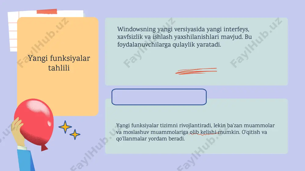 sh samaradorligini oshiradi, foydalanuvchilarga keng imkoniyatlar taqdim etadi va tizimning umumiy ishlashini yaxshilaydi. bu esa raqobatbardosh bo‘lish uchun muhim omil hisoblanadi. foydalanilgan adabiyotlar 1. o'zbekiston respublikasi davlat test markazi. windows operatsion tizimining yangi funksiyalari va ularning foydalanuvchilarga ta'siri. toshkent: o'zbekiston respublikasi, 2022. 2. akbarov, d. windows 11: yangi imkoniyatlar va tizimga ta'siri. tashkent: innovatsiya nashriyoti, 2023. 3. sultonov, m. yangi windows versiyasining foydalanuvchi tajribasiga ta'siri. o'zbekiston informatika jurnali, 2022, 10(2), 45-52. 4. qodirov, a. windows operatsion tizimining rivojlanishi va yangi funksiyalarni amaliy qo'llash. tashkent: texnologiya nashriyoti, 2021. 5. yunusov, s. windows 11: interfeys va imkoniyatlar. o'zbekiston texnologiya konferentsiyasi materiallari, 2023. e'tiboringiz uchun rahmat! image1.png image2.png image3.png image4.png image5.png image6.png image7.png image8.png image9.png image10.png image11.png image12.png image27.png image28.png image29.png image30.png image31.png image32.png image33.png image34.png image35.png image21.png image36.png image37.png image38.png image22.png image42.png image44.png image46.png image17.png image47.png image48.png