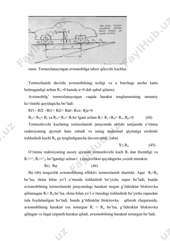 alarning v nuqtaga nisbatan muvozanat tenglamasi quyidagicha yoziladi: sab+rt hd-z1l=0 bunda z1=ga b +’t hd/l va z2=ga a-’t hd/l ko’rinib turibdiki, tormozlanish vaqtida yo’lning vertikal reaktsiyalari qayta taqsimlanib oldingi o’qdagi reaktsiya ortadi, ketingisida esa kamayadi. harakatsiz turgan avtomobilg’ uchun o’qlardagi tormozlanish kuchlari quyidagicha bo’ladi: harakatdagi avtomobilg’ uchun esa: rt1 = z1 φ; ‘t2=z2 φ avtomobilg’ tormozlanayotganida z1,z2 reaktsiyalar qayta taqsimlanganligi sababli rt1 , rt2 tormozlovchi kuchlar uz qiymatini o’zgartiradi, yahni qayta taqsimlanadi va tormozlash kuchining qayta taxsimlanish koeffitsientlari β1, β2 bilan aniqlanadi. ketingi o’q uchun β2=rt2/’t oldnngi o’q uchun β1=rt1/rt = rt-rt2/rt=1- β2 tormozlash kuchining qayta taqsimlanish- koeffitsienti qiymatlari avtomobilning konstro’qtiv parametrlariga bog’liq: β1=rt1/rt=z1 φ /z φ=ga b+’t hd/ga l β1=b+rt/ga hd /l solishtirma tormozlanish kuchi γt=rt/ga bo’lganligi uchun β1=b+ γt hd/l (47) β2=a- γt hd/l (48) shina bilan yo’l -o’rtasidagi tishlashish koeffitsienti tula ishlatilsa, yahni rtmax=rφ=ga φ bo’lsa, (47), (48) formulalar quyidagicha yoziladi: β1=b+φ hd/l β2=a- φ hd/l demak, …