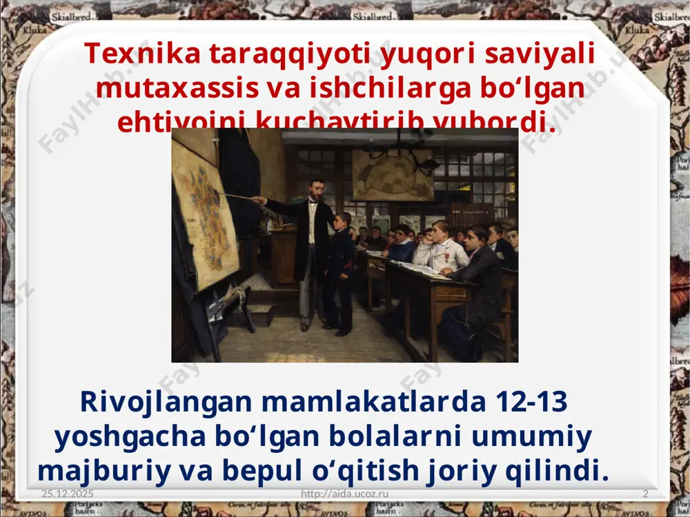 o‘shiq“, „bolaning sehrli shoxi“ va boshqa asarlar bilan shuhrat qozondi. rixard shtraus r. shtraus motsartcha operani qaytadan tikladi. uning asarlari hayotbaxshligi, insonparvarligi, go‘zallikni tarannum etishi bilan ajralib turadi. betxoven an’analarini g. maler rivojlantirdi. 26.11.2019 http://aida.ucoz.ru 10 g. maler 26.11.2019 http://aida.ucoz.ru 11 bastakor, pianinochi va dirijor s.v. raxmaninov boy kuylar vositasida vatan mavzusini romantik pafos va lirika bilan ochib berdi. s.v. raxmaninov tasviriy san’at 26.11.2019 http://aida.ucoz.ru 12 bu oqimga kirgan rassomlar voqelikni, kuzatishdan olingan taassurotlarni sof holda aks ettirardi. rassomchilikda qator yangi oqimlar vujudga keldi. bu yangi oqimlarning biri impressionizm (taassurot) edi. buyuk fransuz haykaltaroshi o. rodenning „mutafakkir“ degar asariga qarab hech kim insonning, dekadentlar ishontirmoqchi bo‘lganidek, „oliy“ kuchlar qo‘lida o‘yinchoq ekanligiga ishonmaydi. 26.11.2019 http://aida.ucoz.ru 13 o. roden savol va topshiriqlar: 1. xalq ta’limi rivojlanishiga ijobiy ta’sir ko‘rsatgan omilni qayd eting. 2. z. freyd ta’limotida qanday g‘oya ustun turgan? 3. mustamlakachilikni oqlagan yozuvchilar o‘z fikrlarini qanday g‘oyalar bilan asoslaganlar? 4. tasviriy …